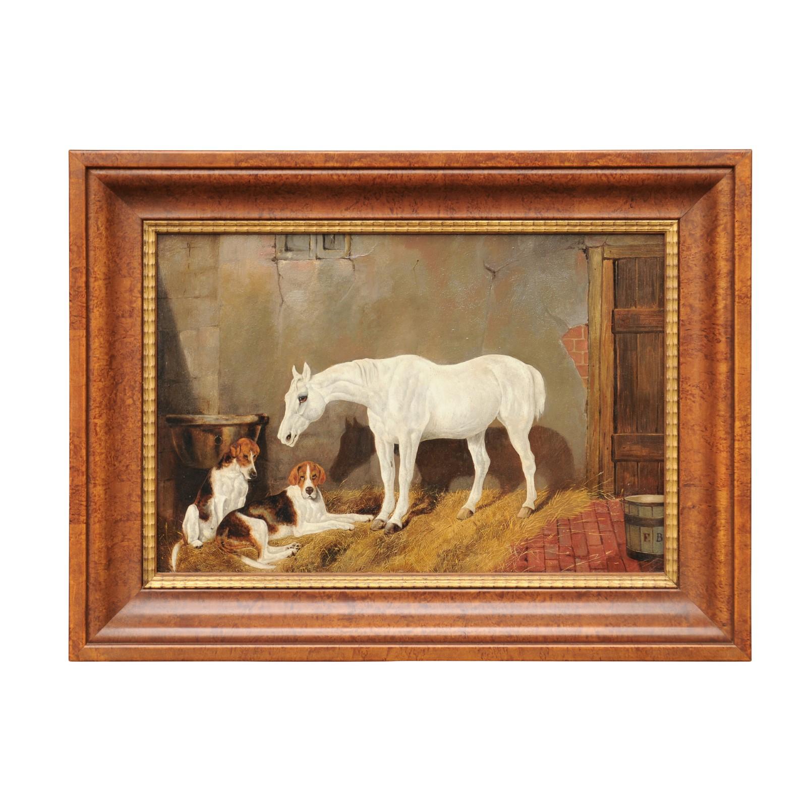 English Signed Framed Oil Barn Scene with White Horse and Hound Dogs, circa 1870