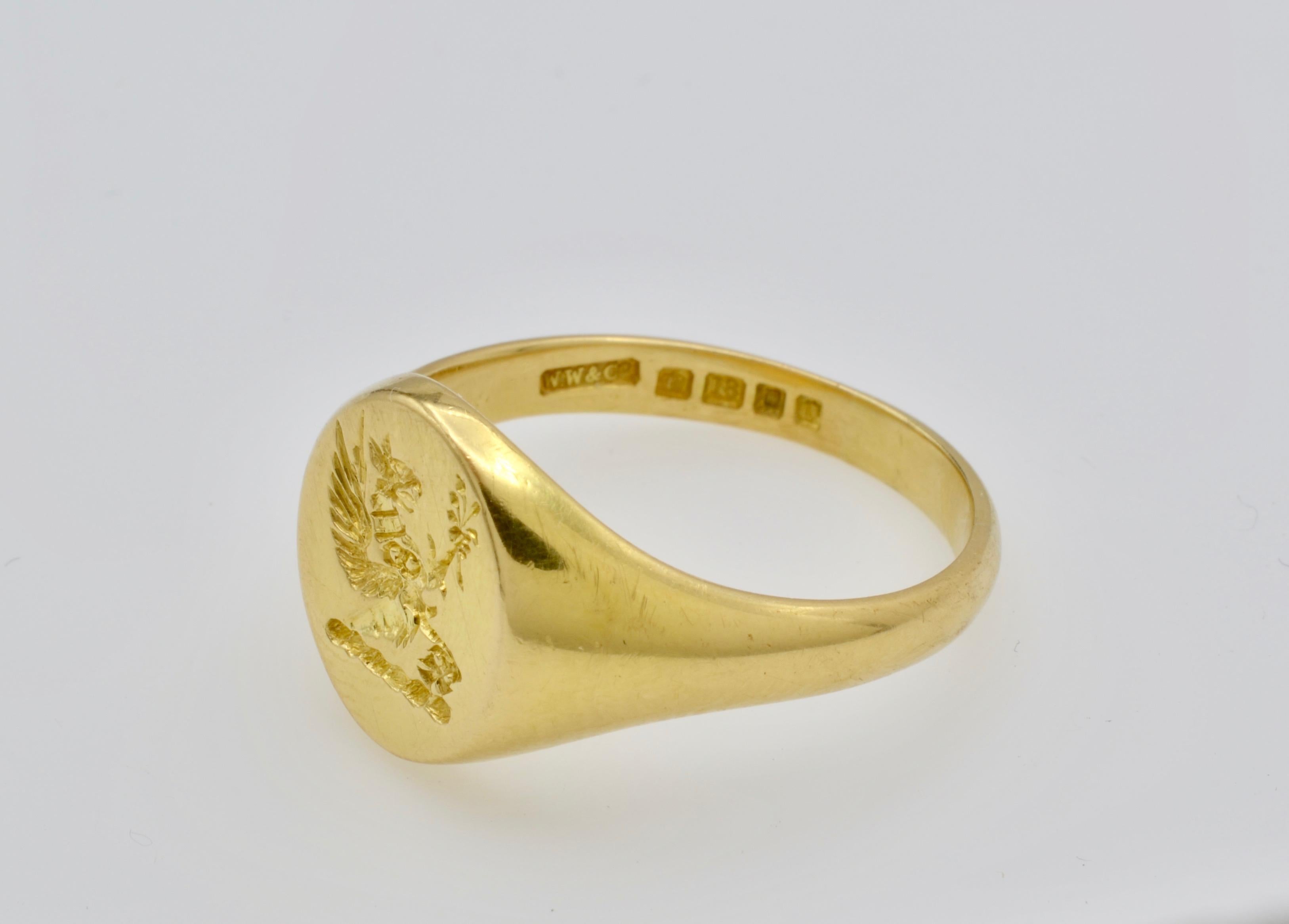 This signet ring has the emblem of a Griffin. This ring is classic and a conversation starter. It is a size 12 and can be sized to fit your finger. 
There is all the mark inside the ring.