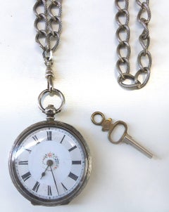English Silver & Enamel Key-wind Pocket Watch with Original Key