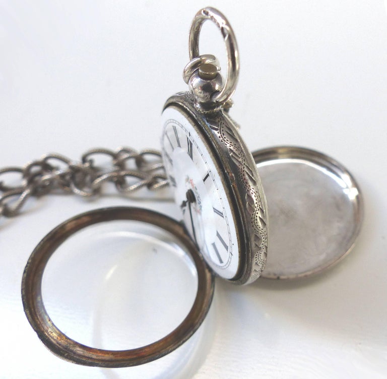 English Silver and Enamel Keywind Pocket Watch with Original Key For