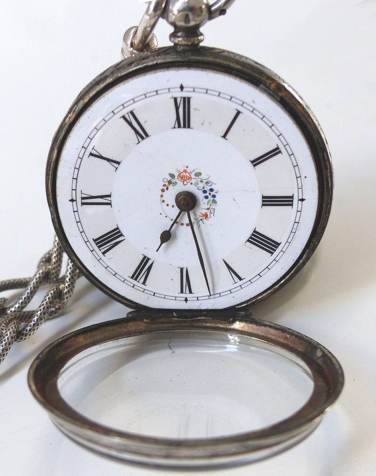 English Silver and Enamel Keywind Pocket Watch with Original Key For