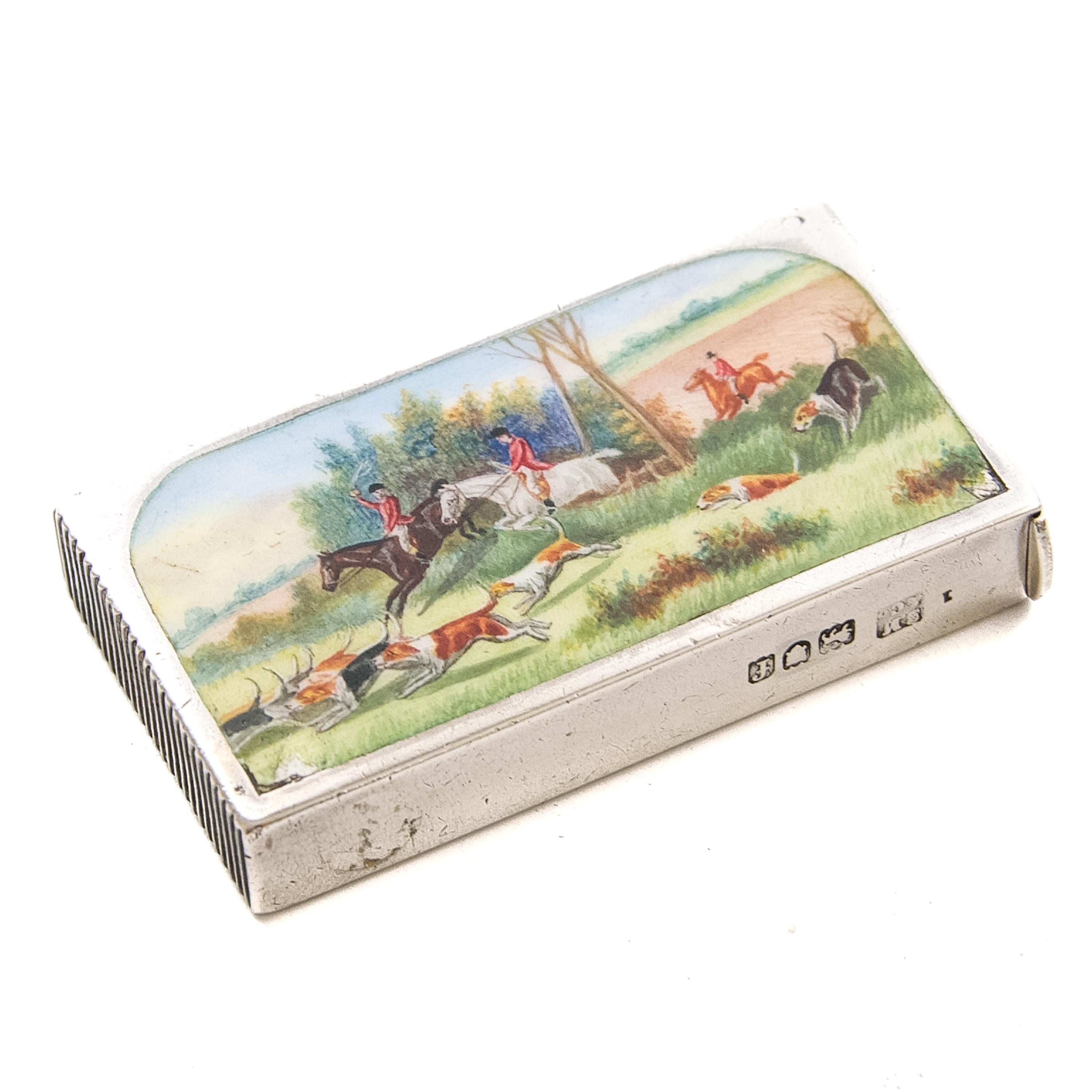 Englisches Vesta-Etui aus Silber und Emaille mit Fuchsjagd-Szene, um 1890-1910 (Viktorianisch) im Angebot