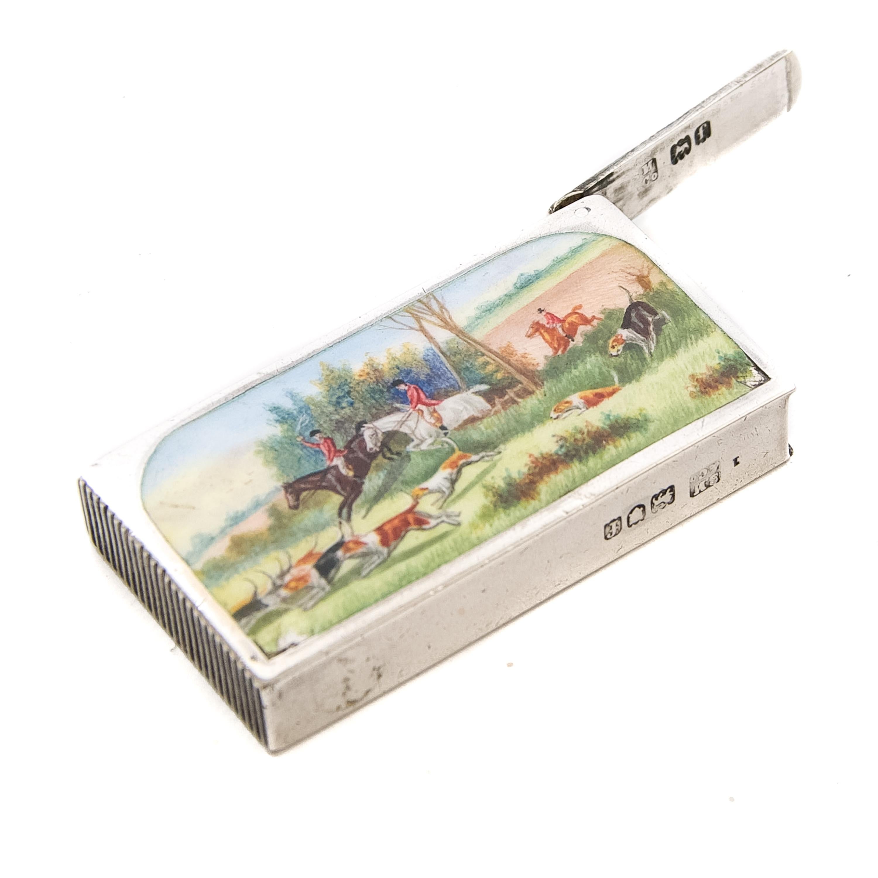 Englisches Vesta-Etui aus Silber und Emaille mit Fuchsjagd-Szene, um 1890-1910 im Zustand „Gut“ im Angebot in Rotterdam, NL