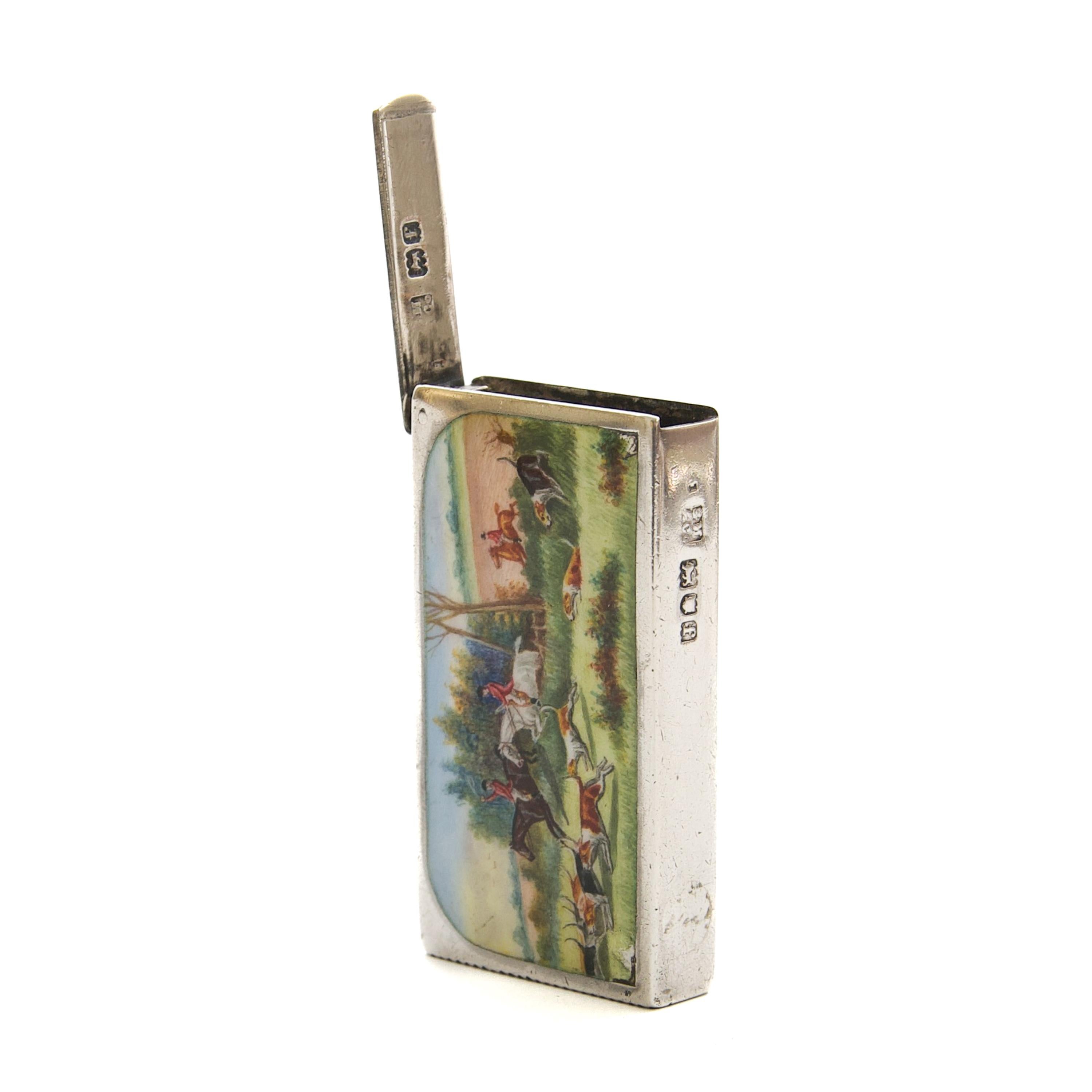 Englisches Vesta-Etui aus Silber und Emaille mit Fuchsjagd-Szene, um 1890-1910 für Damen oder Herren im Angebot