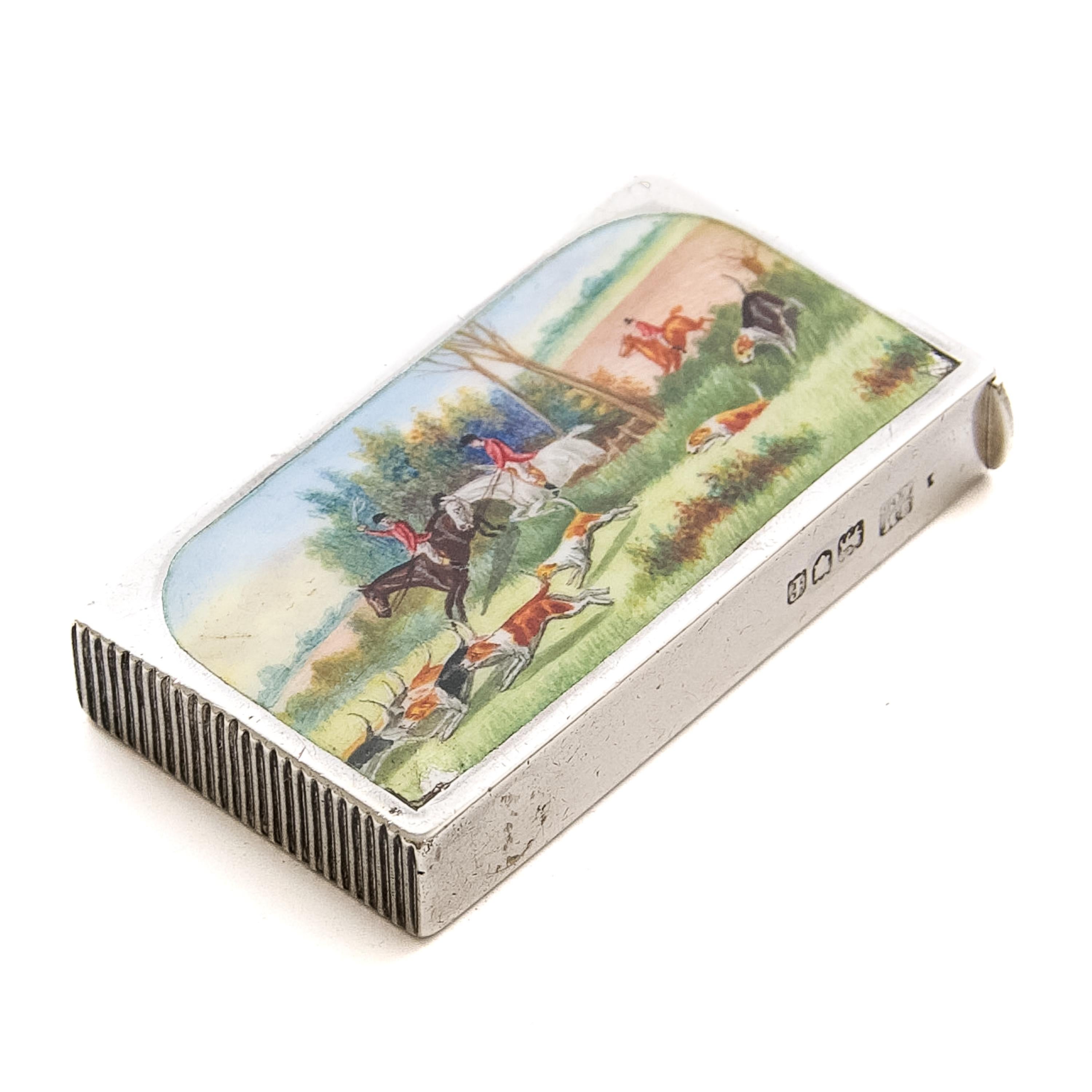 Englisches Vesta-Etui aus Silber und Emaille mit Fuchsjagd-Szene, um 1890-1910 im Angebot 1