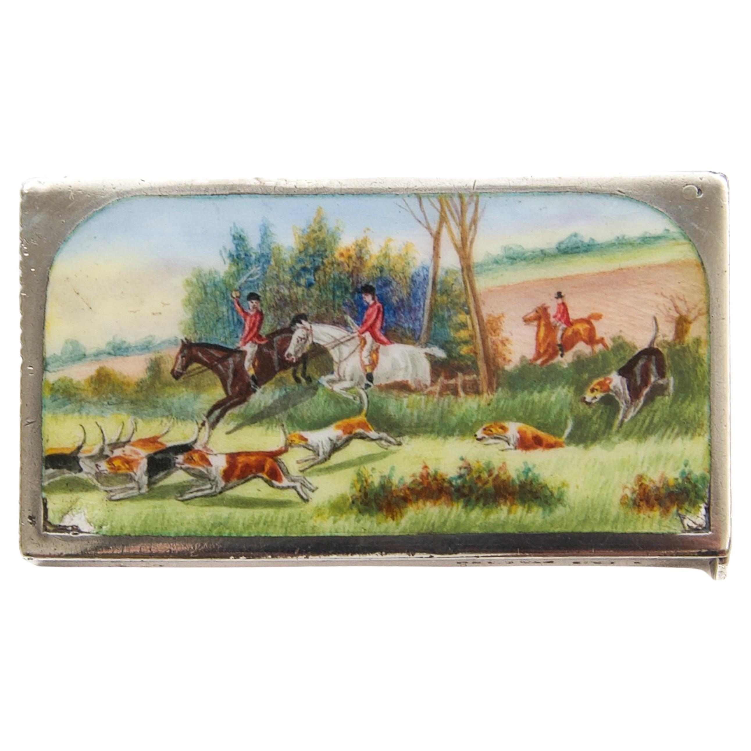 Astuccio Vesta inglese in argento e smalto con scena di caccia alla volpe, 1890-1910 circa