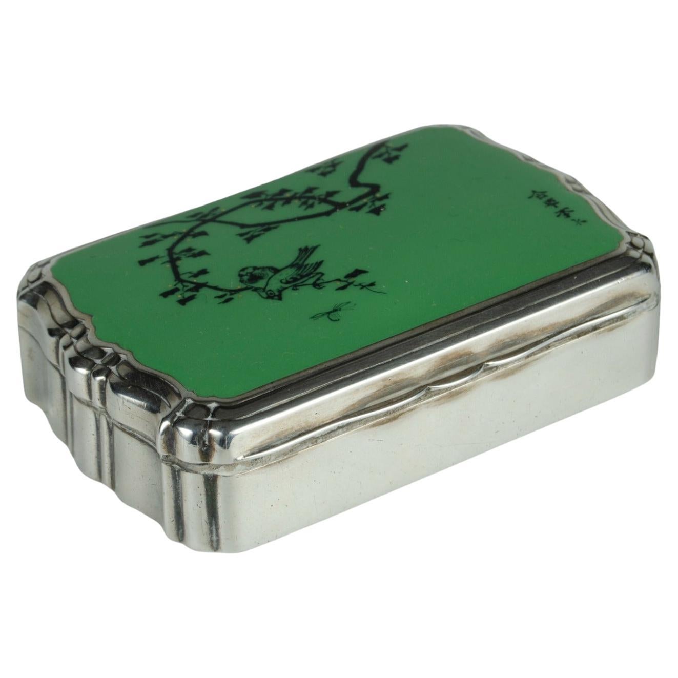 English silver  Art Deco tobacco box with oriental drawing signed by the artist For Sale