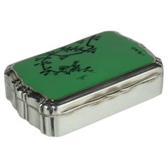 English silver  Art Deco tobacco box with oriental drawing signed by the artist