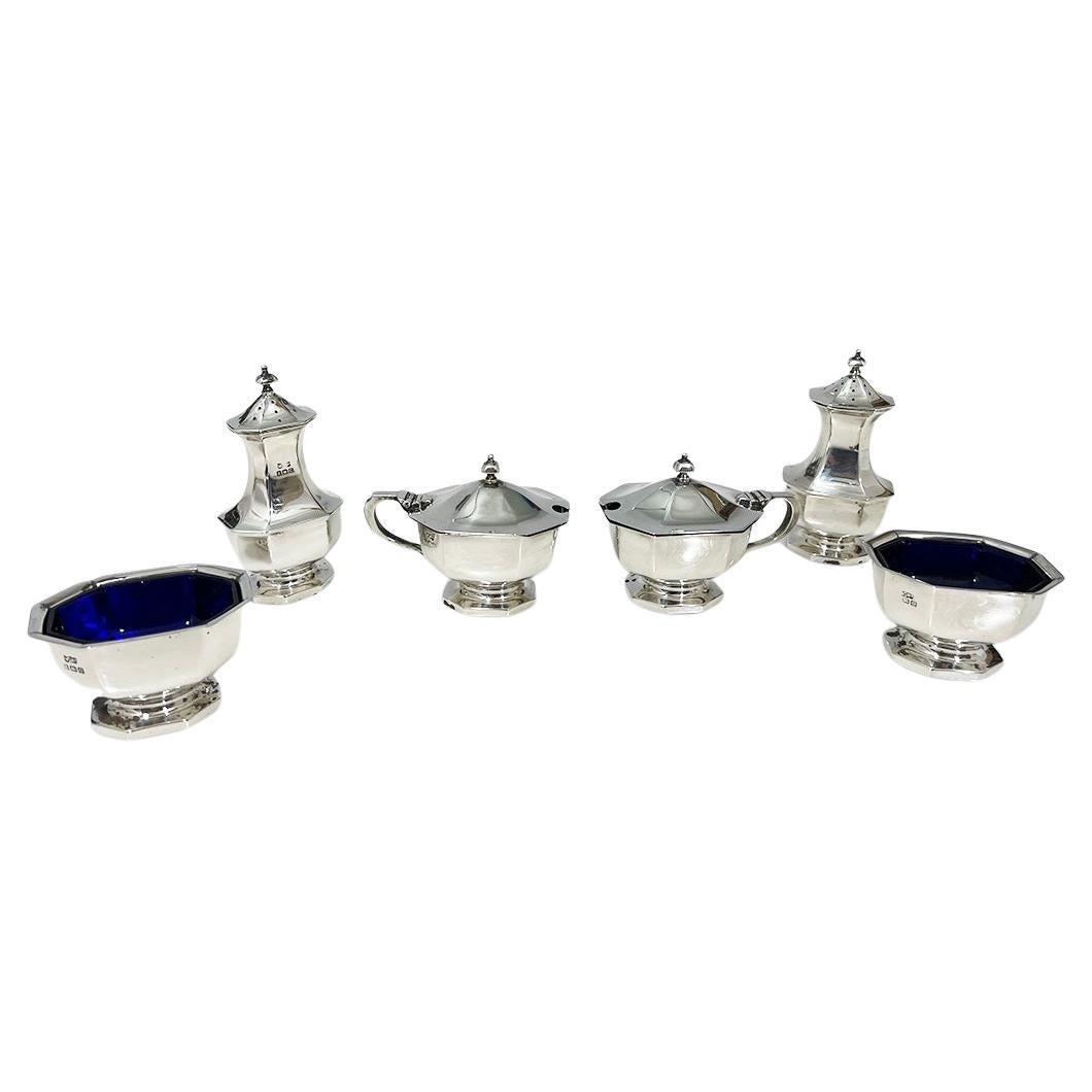 Juego de condimentos de plata inglesa de Mappin & Webb, Birmingham, 1927