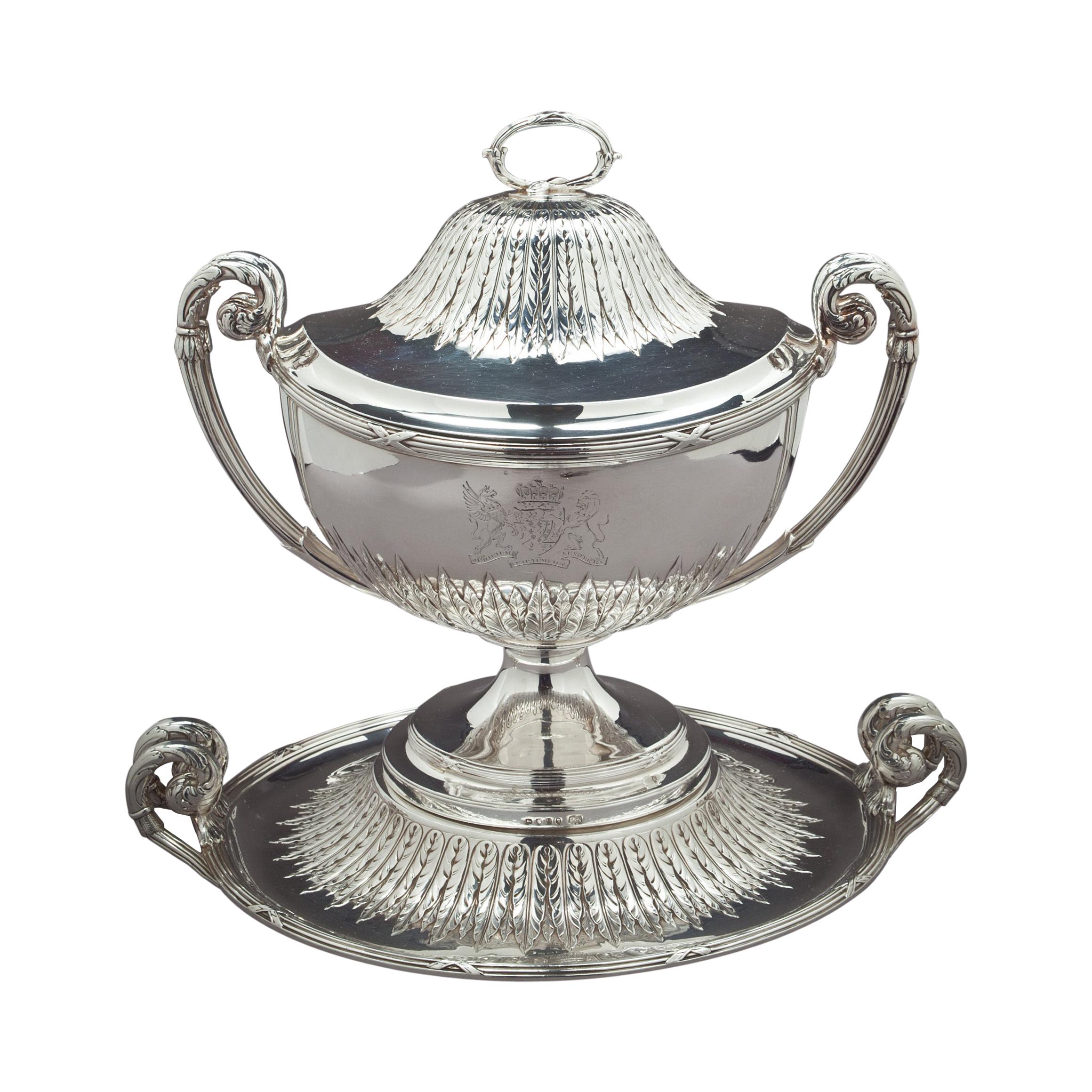 English Silver Covered Soup Tureen on Stand For Sale