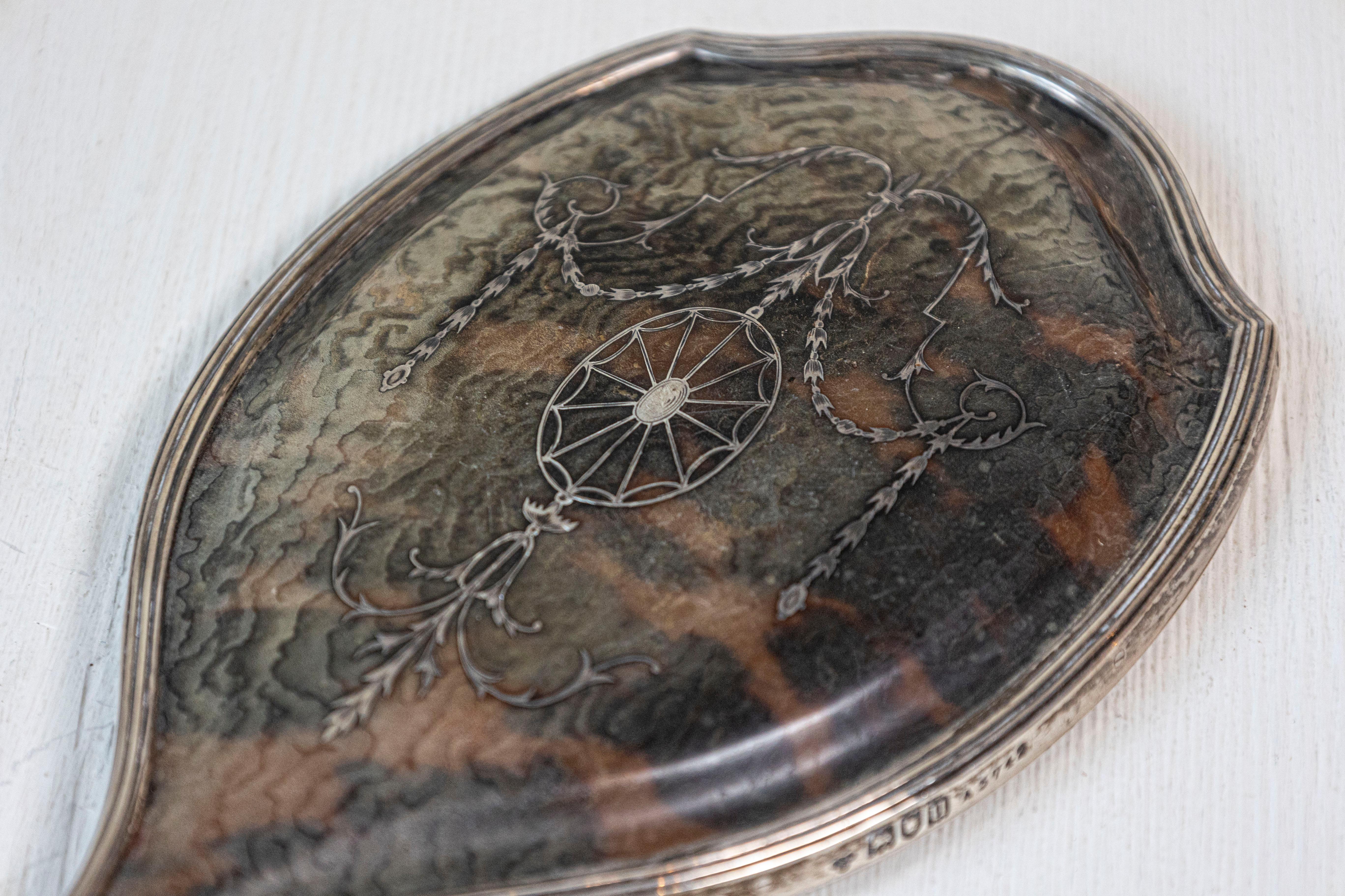 English Silver Dressing Table Hand Mirror with Silver Piqué Swag Decor In Good Condition For Sale In Atlanta, GA