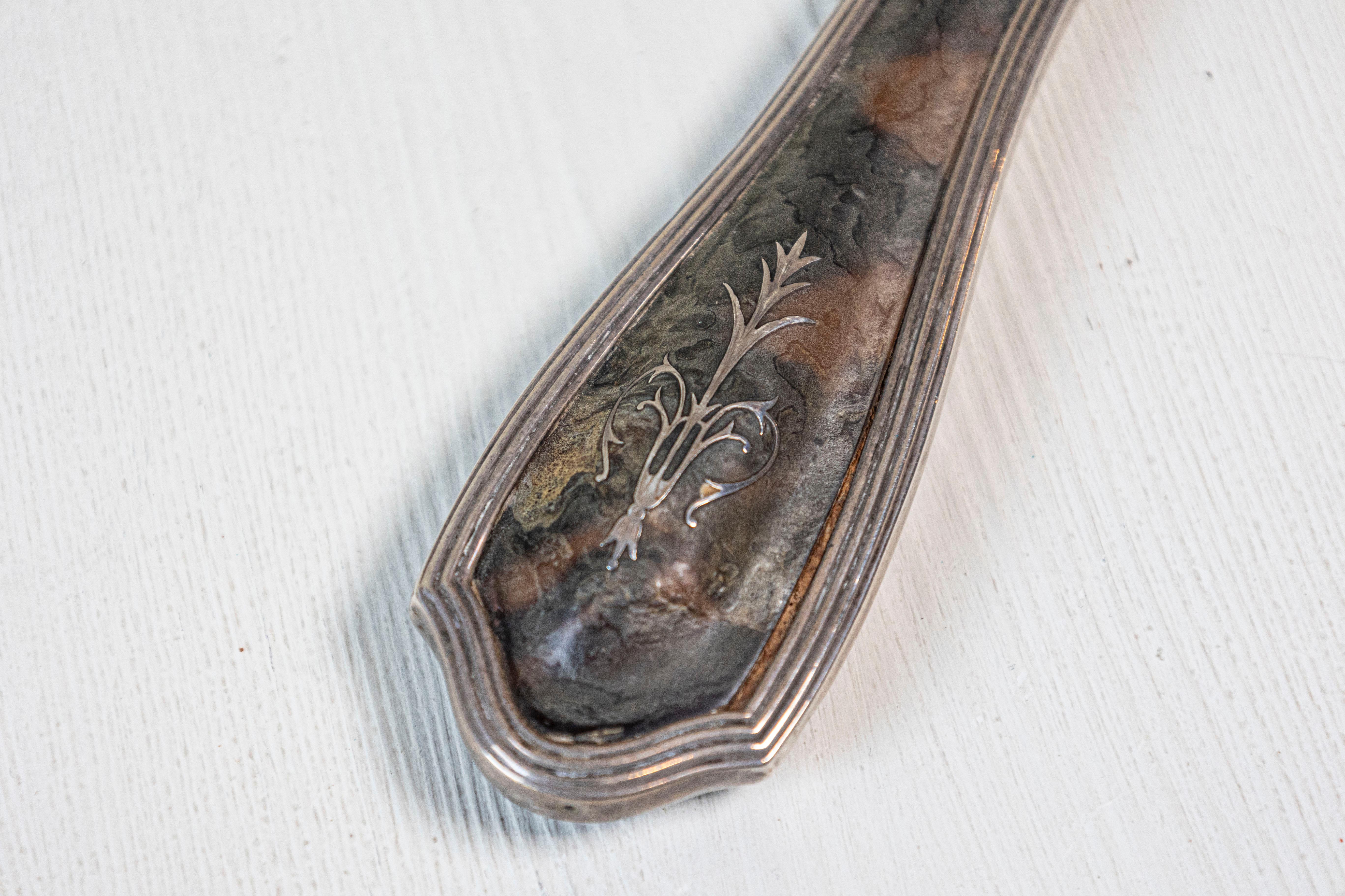 20th Century English Silver Dressing Table Hand Mirror with Silver Piqué Swag Decor For Sale