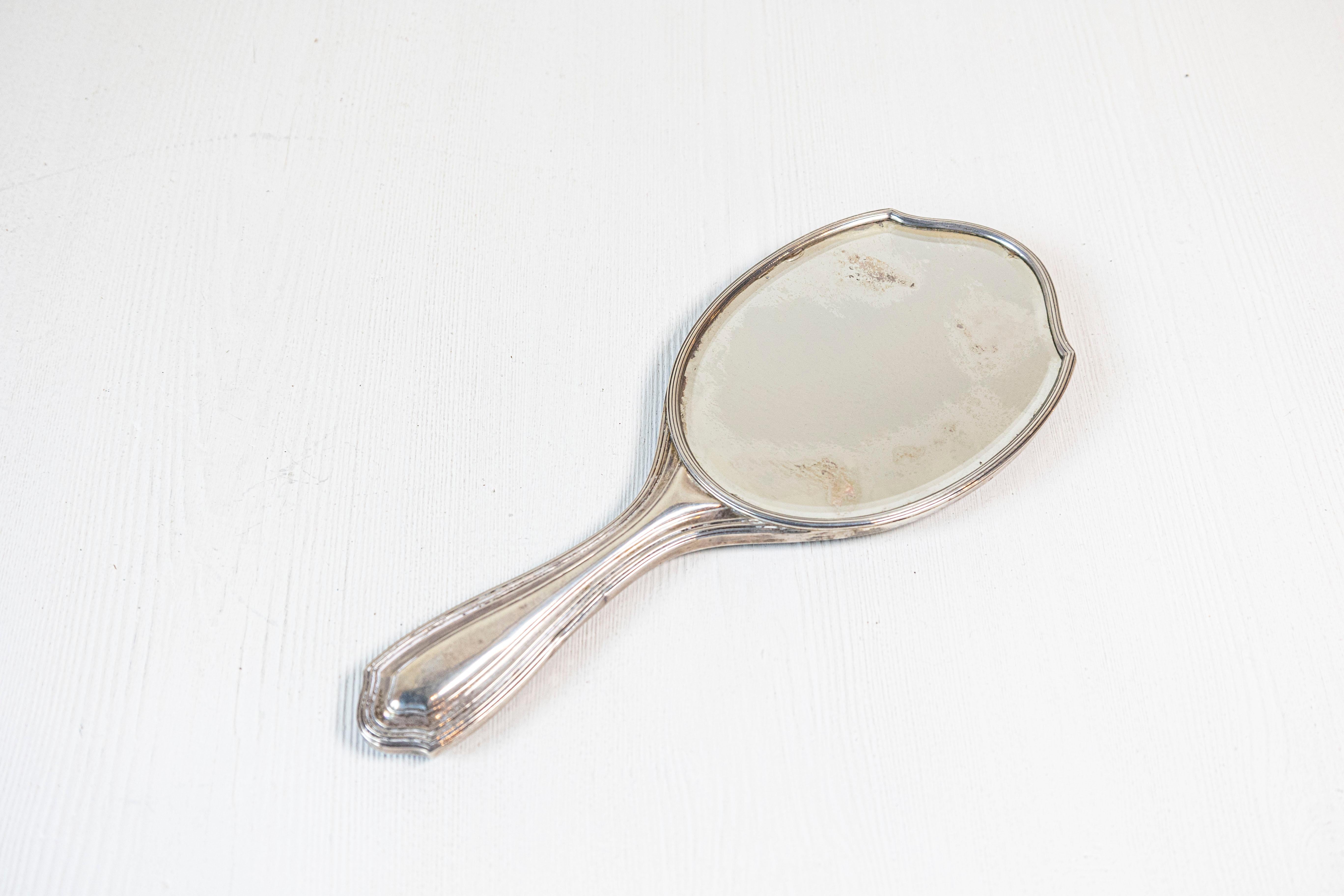English Silver Dressing Table Hand Mirror with Silver Piqué Swag Decor For Sale 1