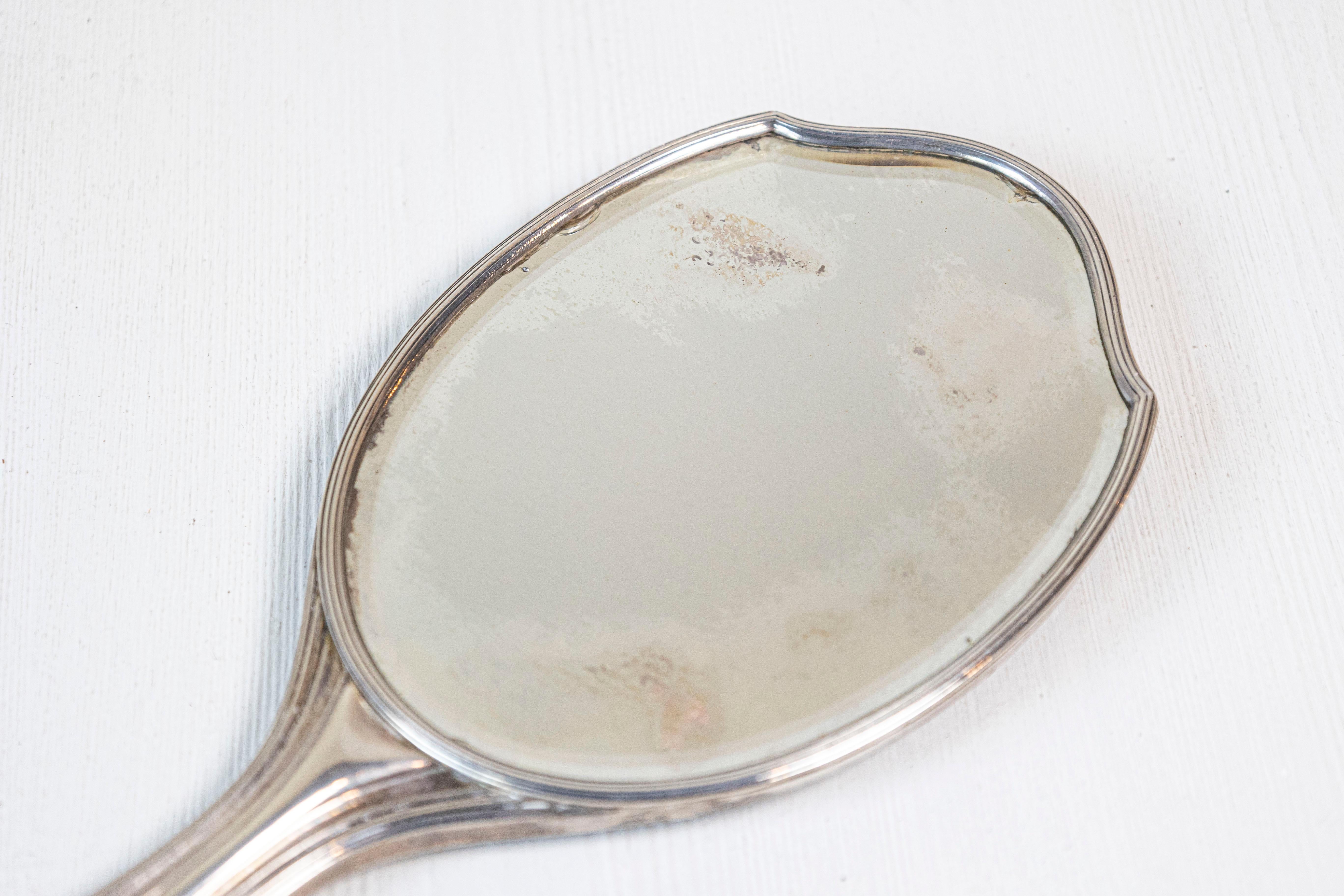 English Silver Dressing Table Hand Mirror with Silver Piqué Swag Decor For Sale 2