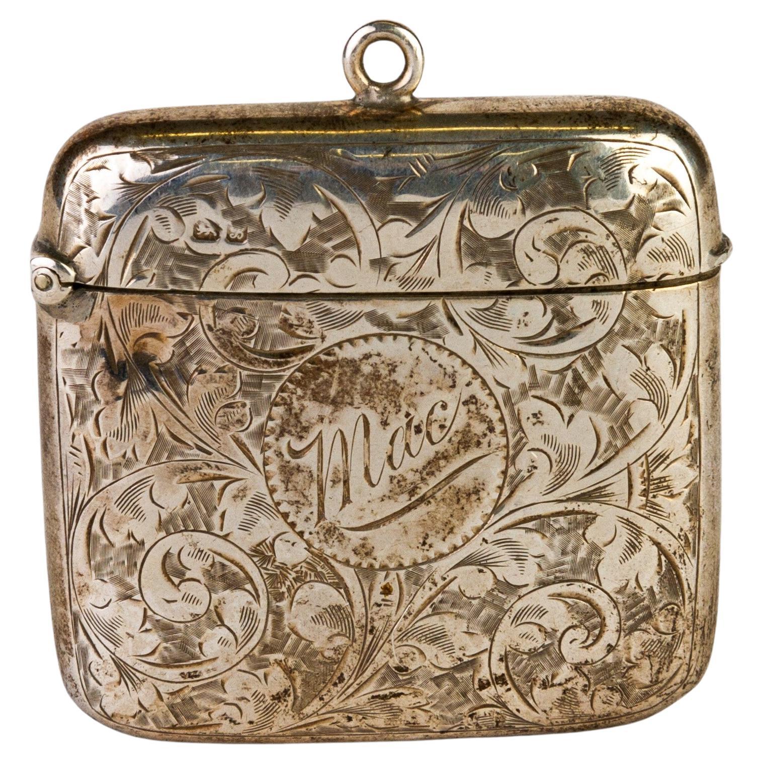 English Silver Engraved Chester Hallmarked Vesta Case  For Sale