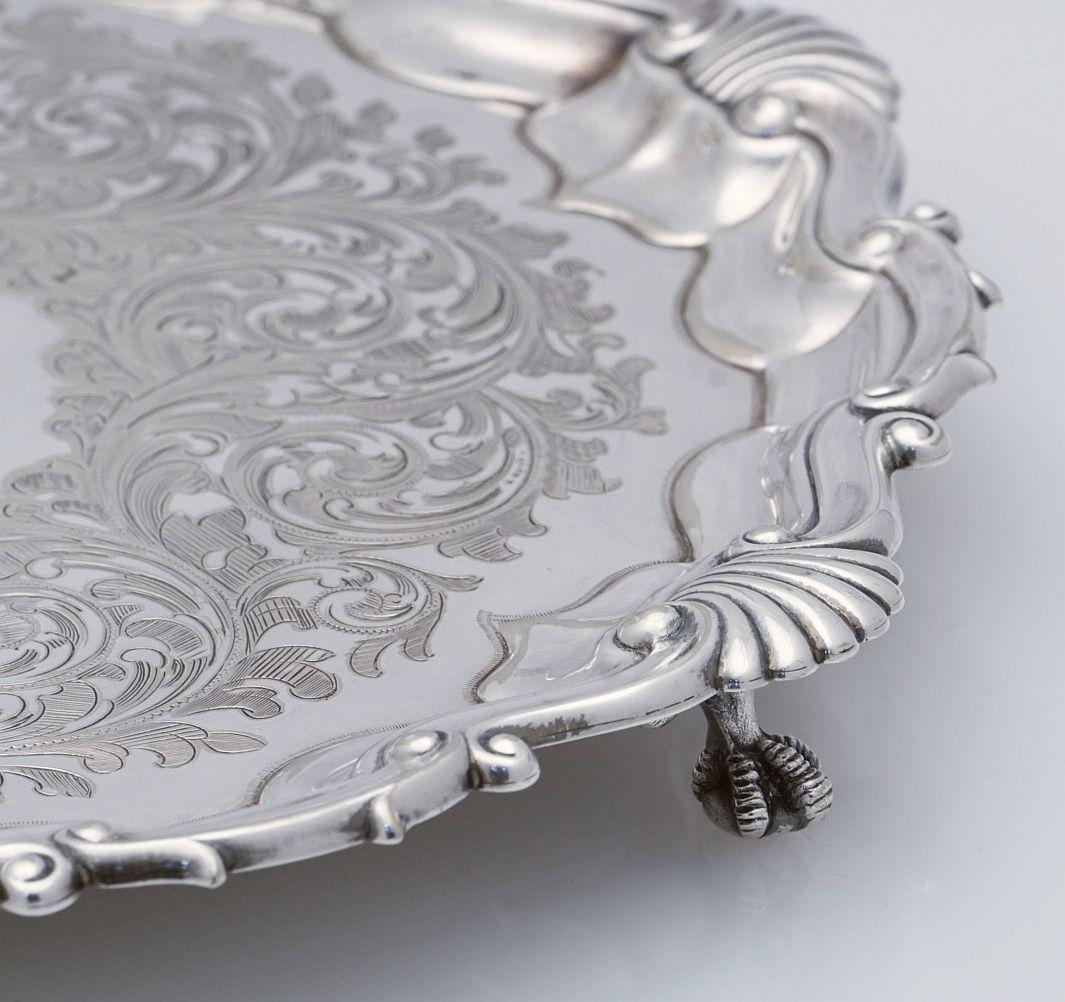 English Silver Footed Tray or Salver with Seashell Motif For Sale 5