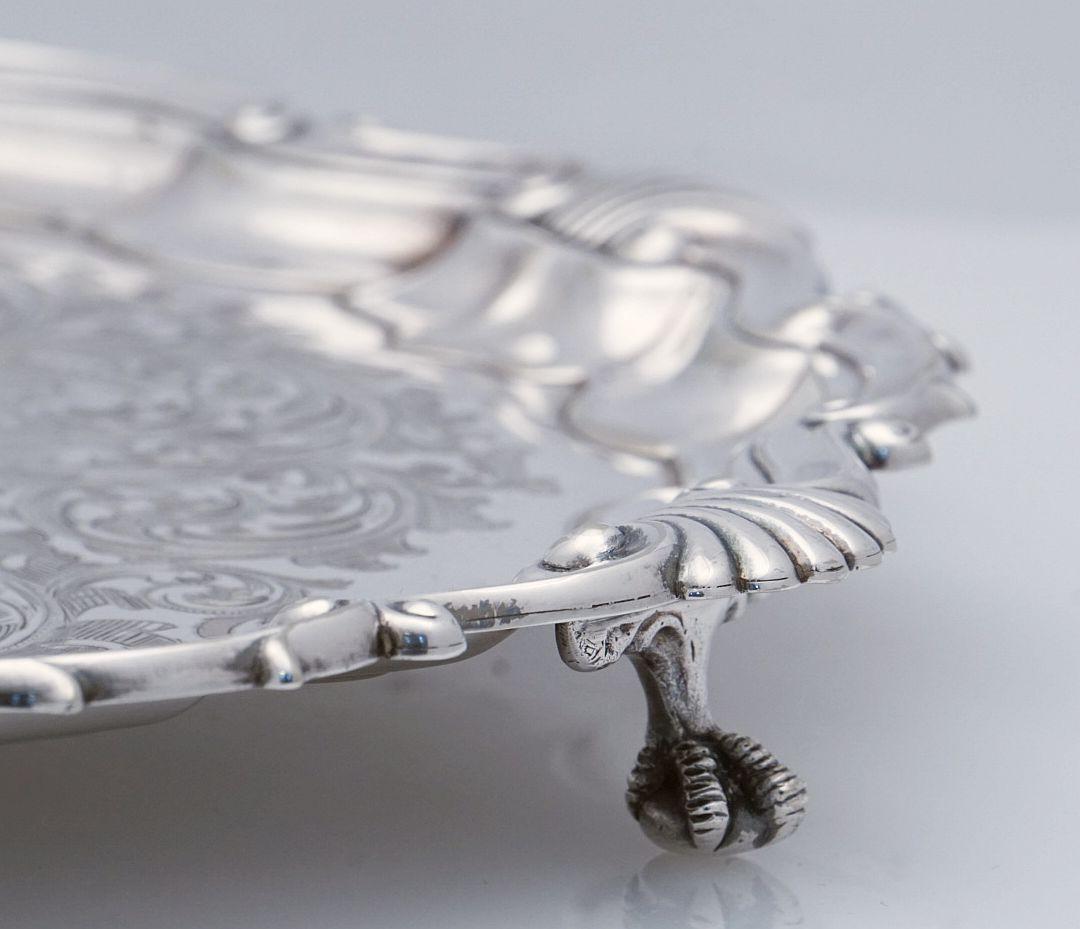 English Silver Footed Tray or Salver with Seashell Motif For Sale 6