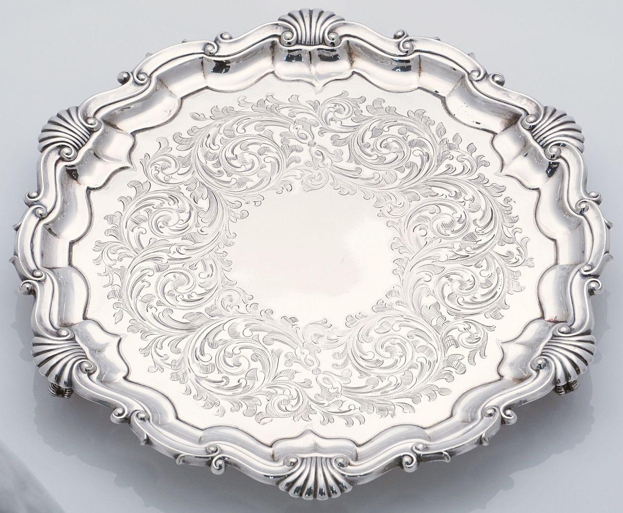English Silver Footed Tray or Salver with Seashell Motif For Sale 7