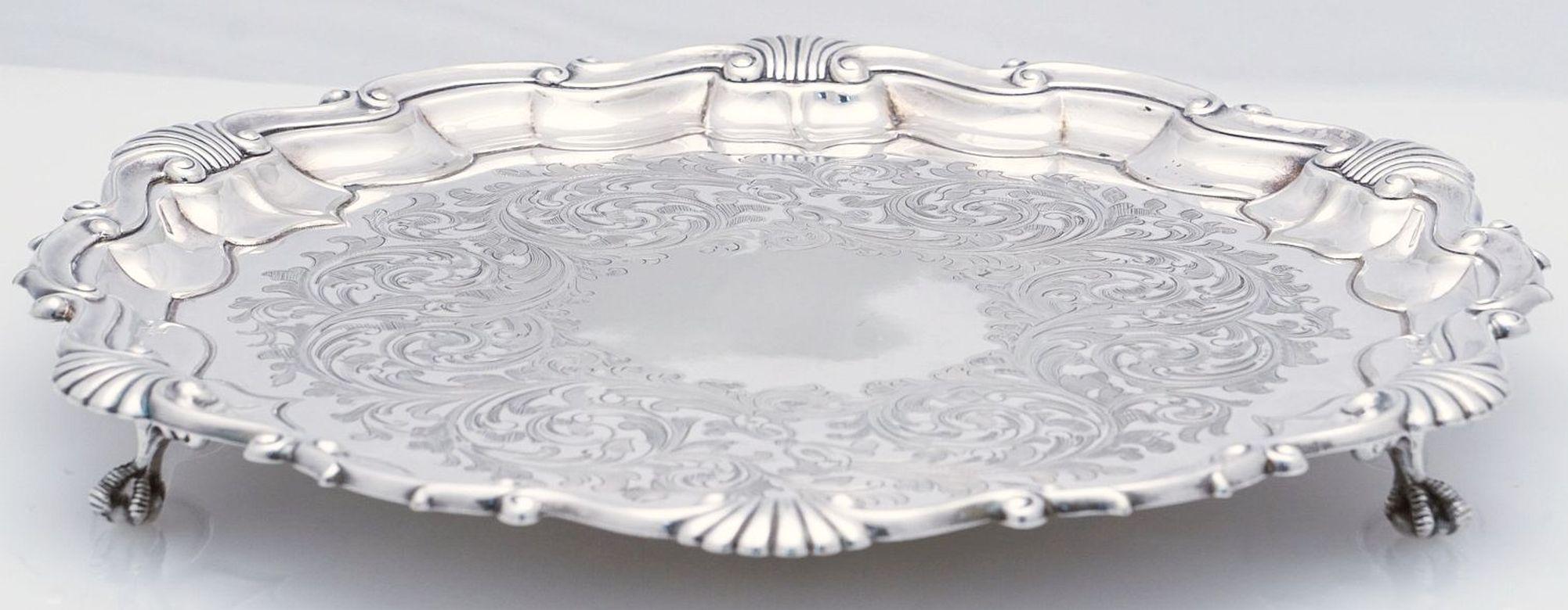 English Silver Footed Tray or Salver with Seashell Motif For Sale 3