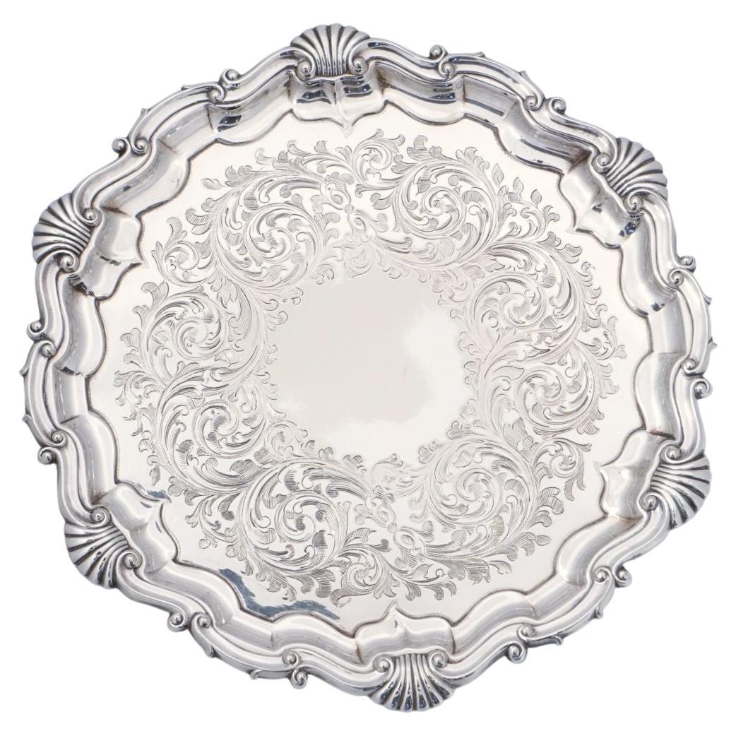English Silver Footed Tray or Salver with Seashell Motif For Sale