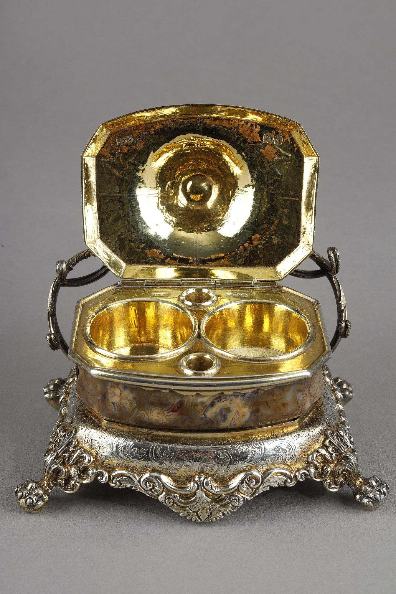 English Silver-Gilt and Agate Inkstand, circa 1830 For Sale 13