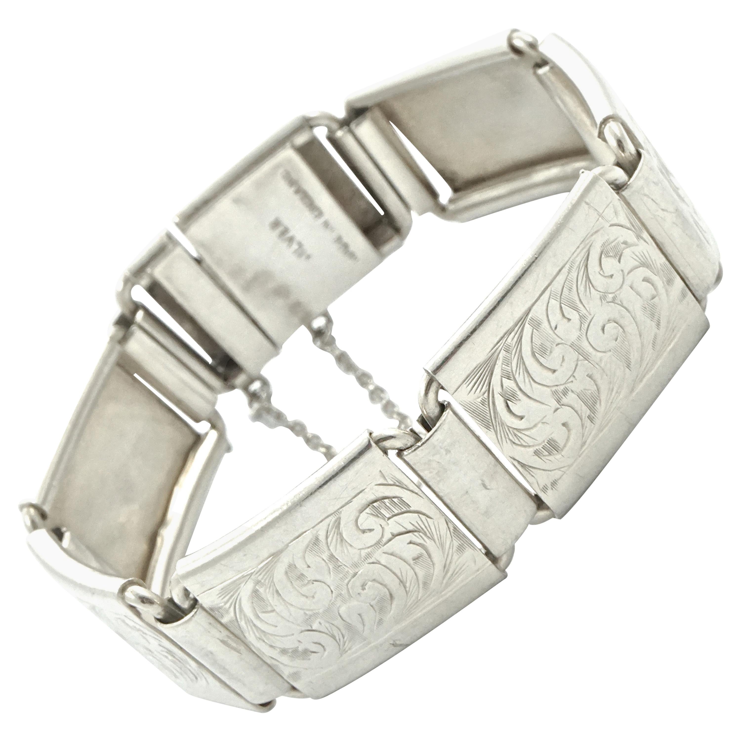 English Silver Hand Engraved Scroll Panel Link Bracelet circa 1960s For Sale