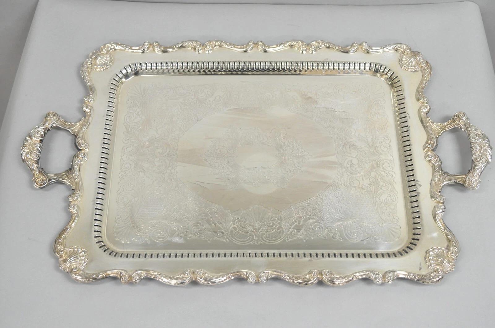 English Silver Large Victorian Silver Plated Rectangular Serving Platter Tray For Sale 7