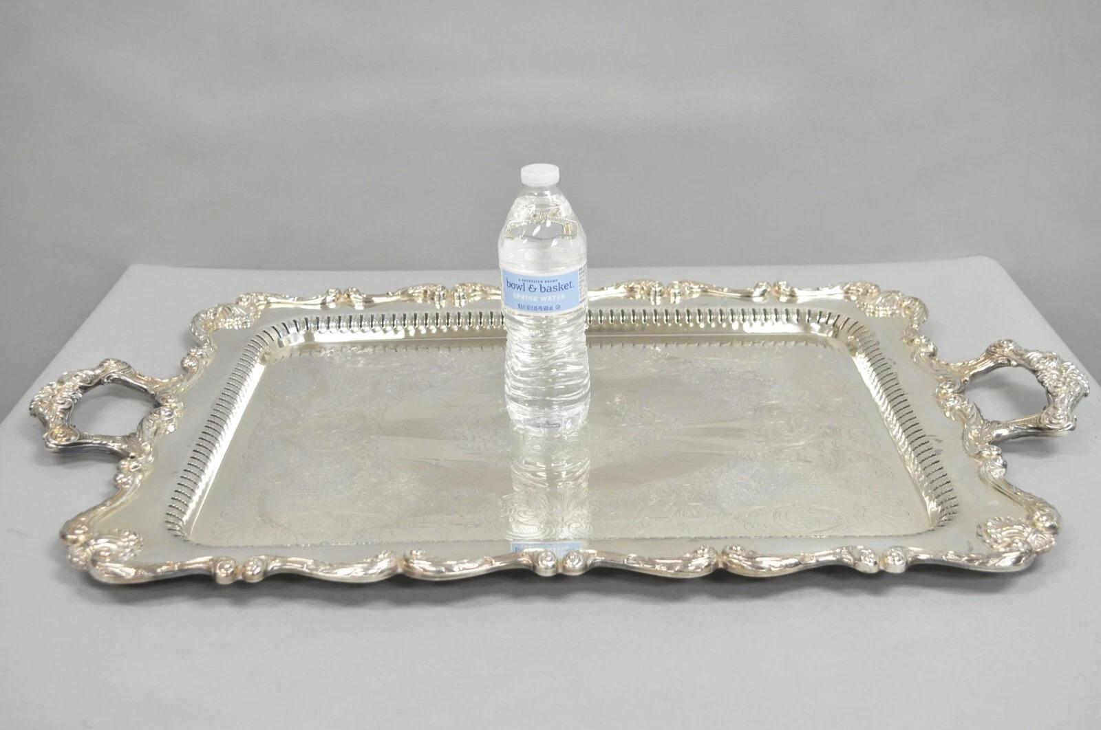 Vintage English Silver Mfg. Co. Large Victorian Silver Plated Rectangular Serving Platter Tray. Circa Mid 20th Century. Measurements: 2