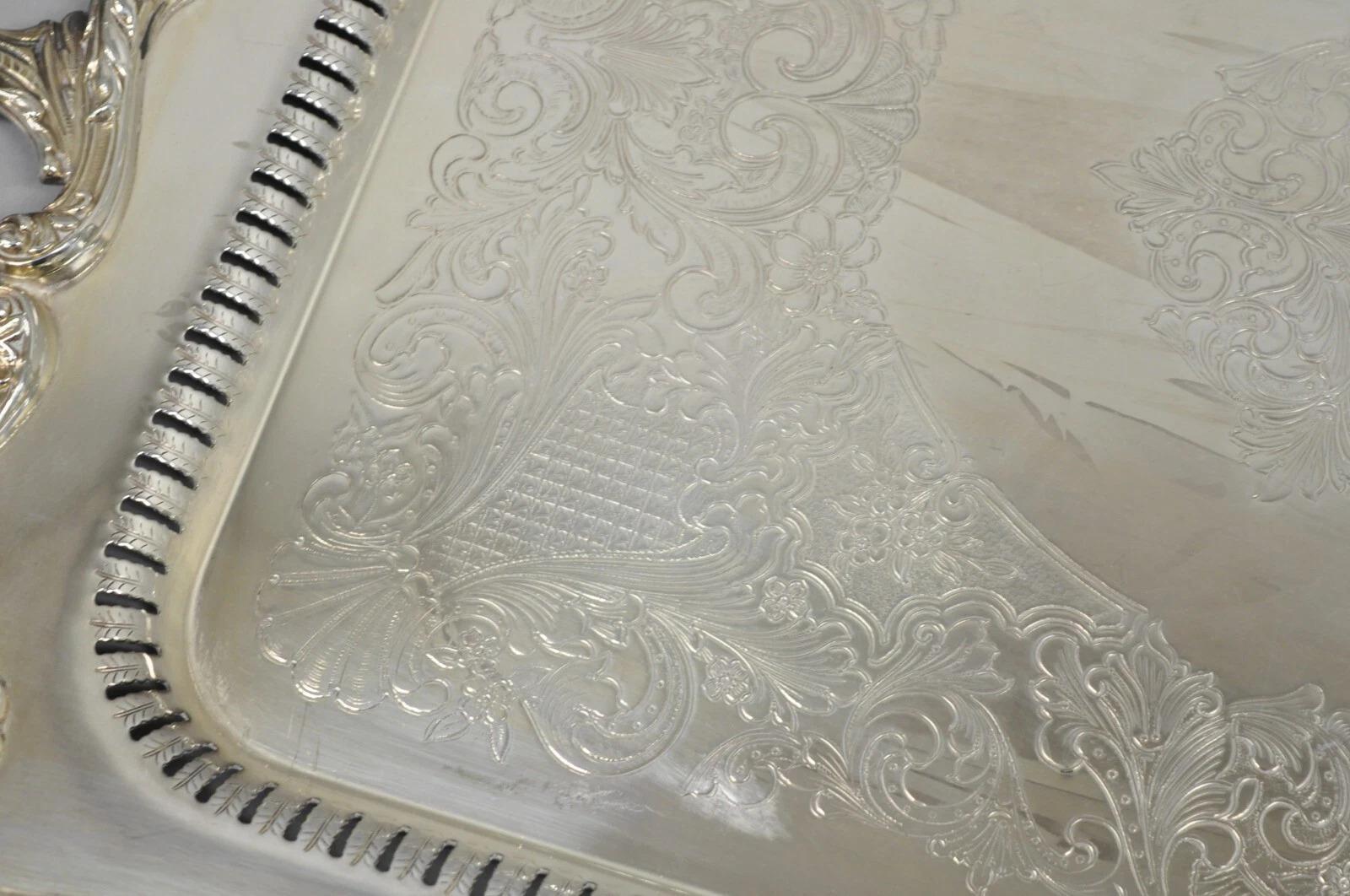 English Silver Large Victorian Silver Plated Rectangular Serving Platter Tray For Sale 2