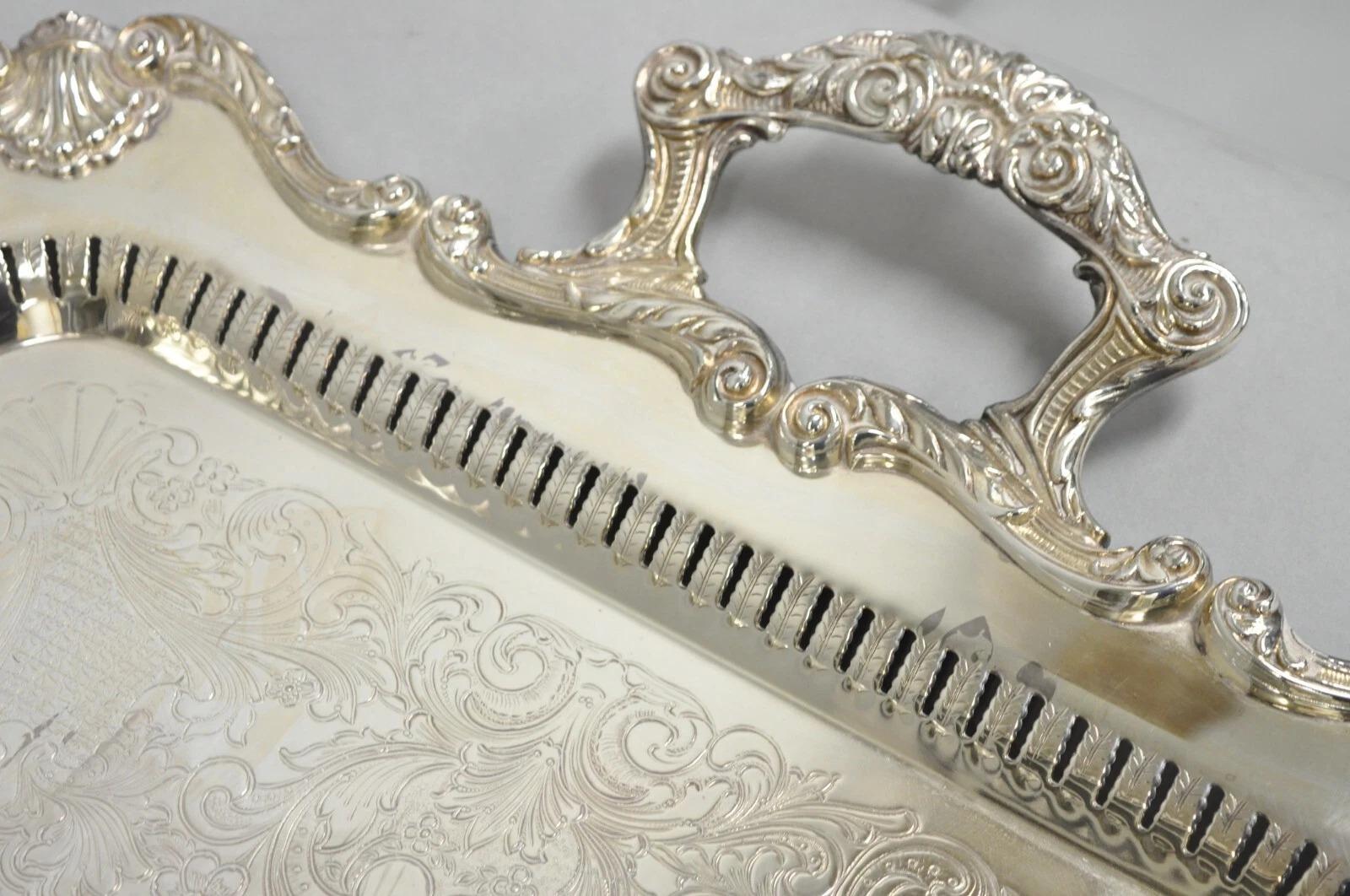 English Silver Large Victorian Silver Plated Rectangular Serving Platter Tray For Sale 3