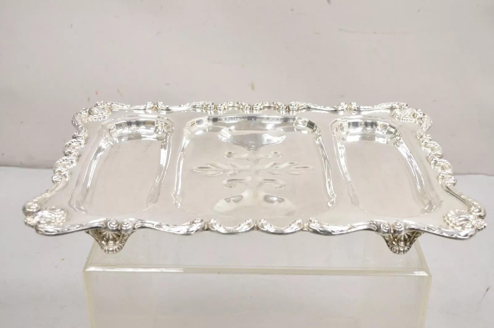 Vintage English Silver Mfg Co Bandeja para servir cubiertos de carne chapados en plata de estilo victoriano Elevada sobre patas ornamentadas. Mediados del siglo XX. Medidas: 2