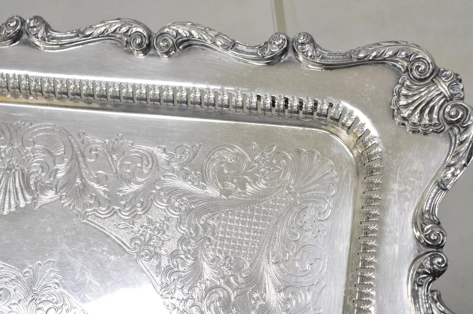 Bandeja de plata ornamentada victoriana grande de English Silver Mfg en venta 4