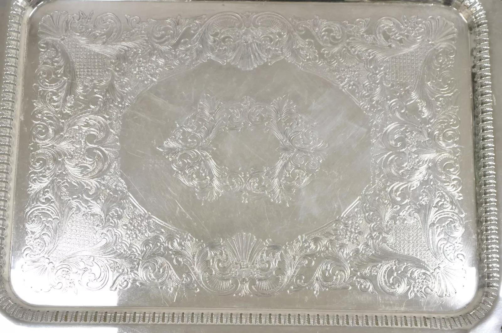 Bandeja de plata ornamentada victoriana grande de English Silver Mfg Desconocido en venta