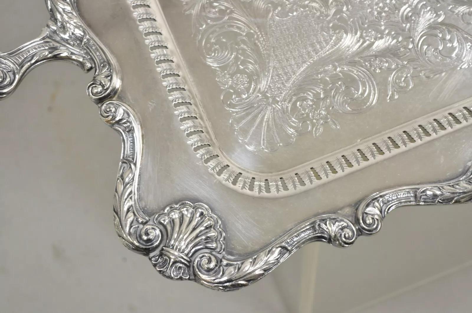 Bandeja de plata ornamentada victoriana grande de English Silver Mfg siglo XX en venta