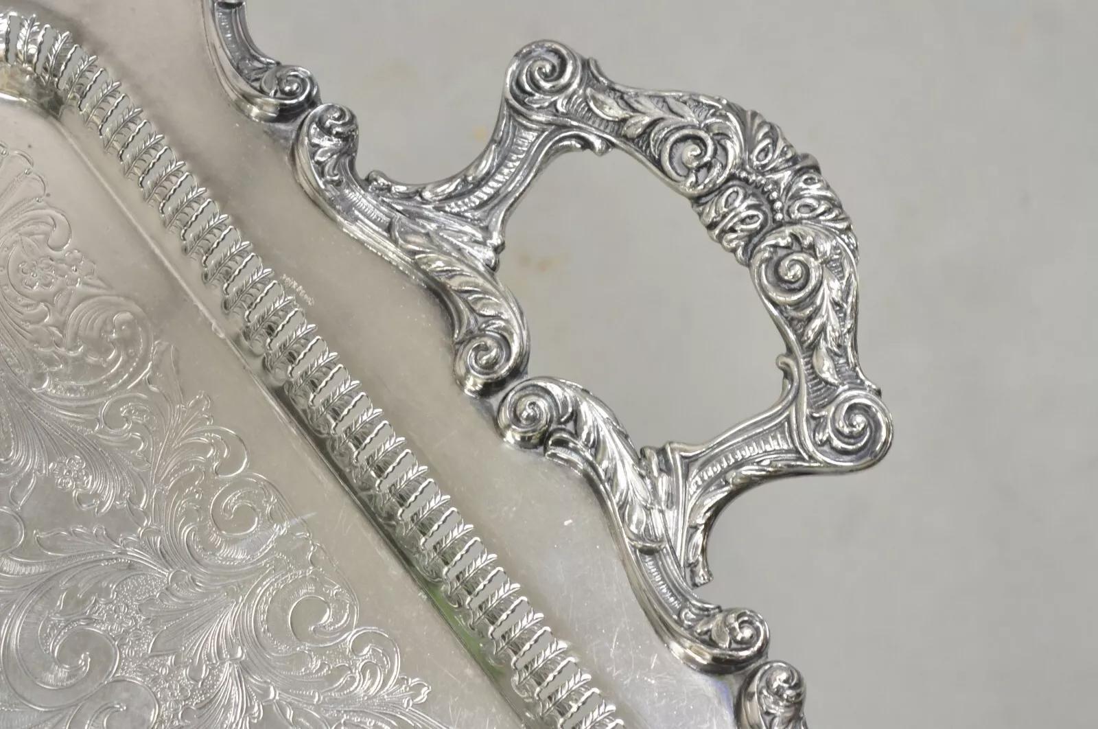 Bandeja de plata ornamentada victoriana grande de English Silver Mfg en venta 1