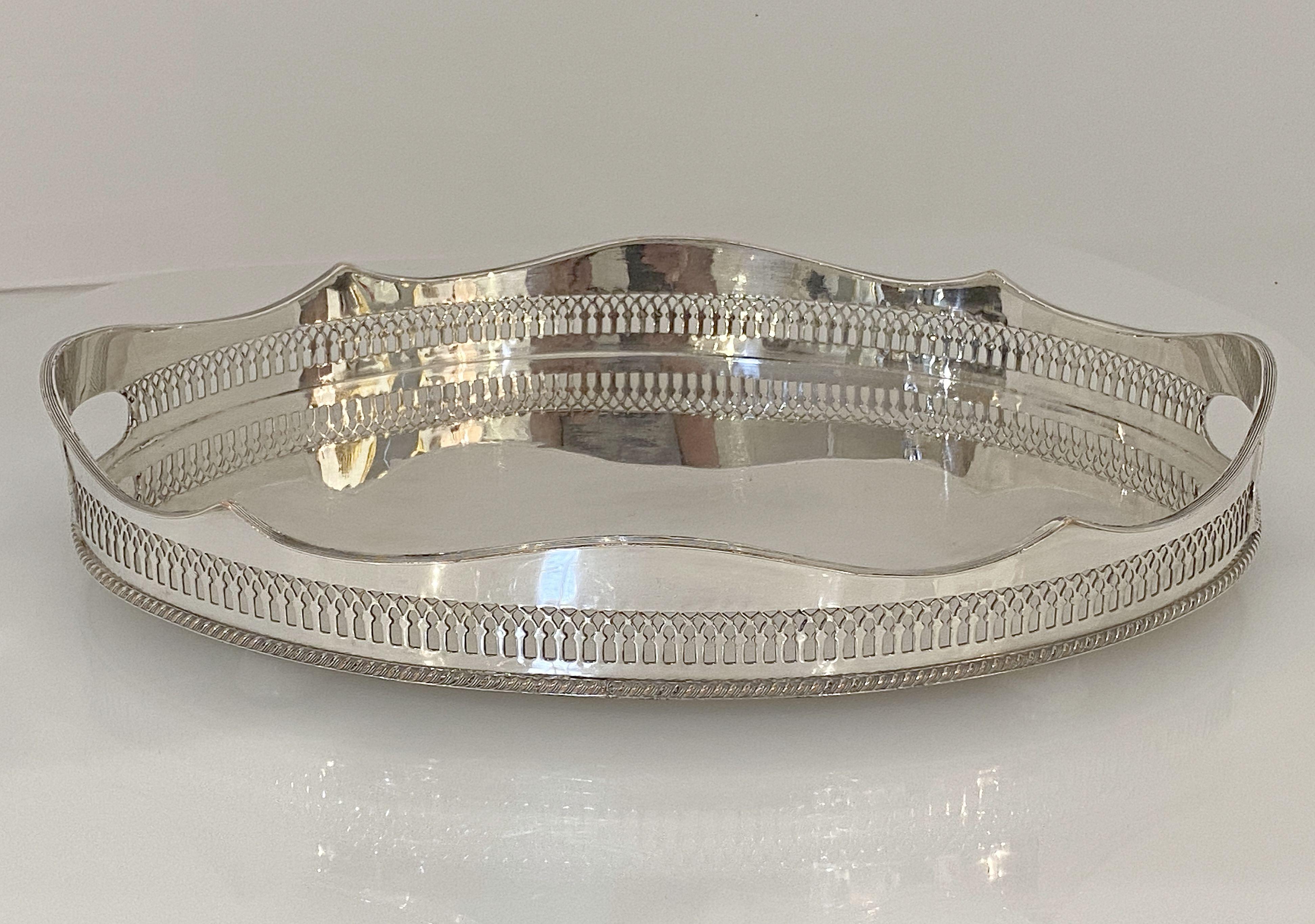 English Silver Oval Gallery Serving or Drinks Tray For Sale 3