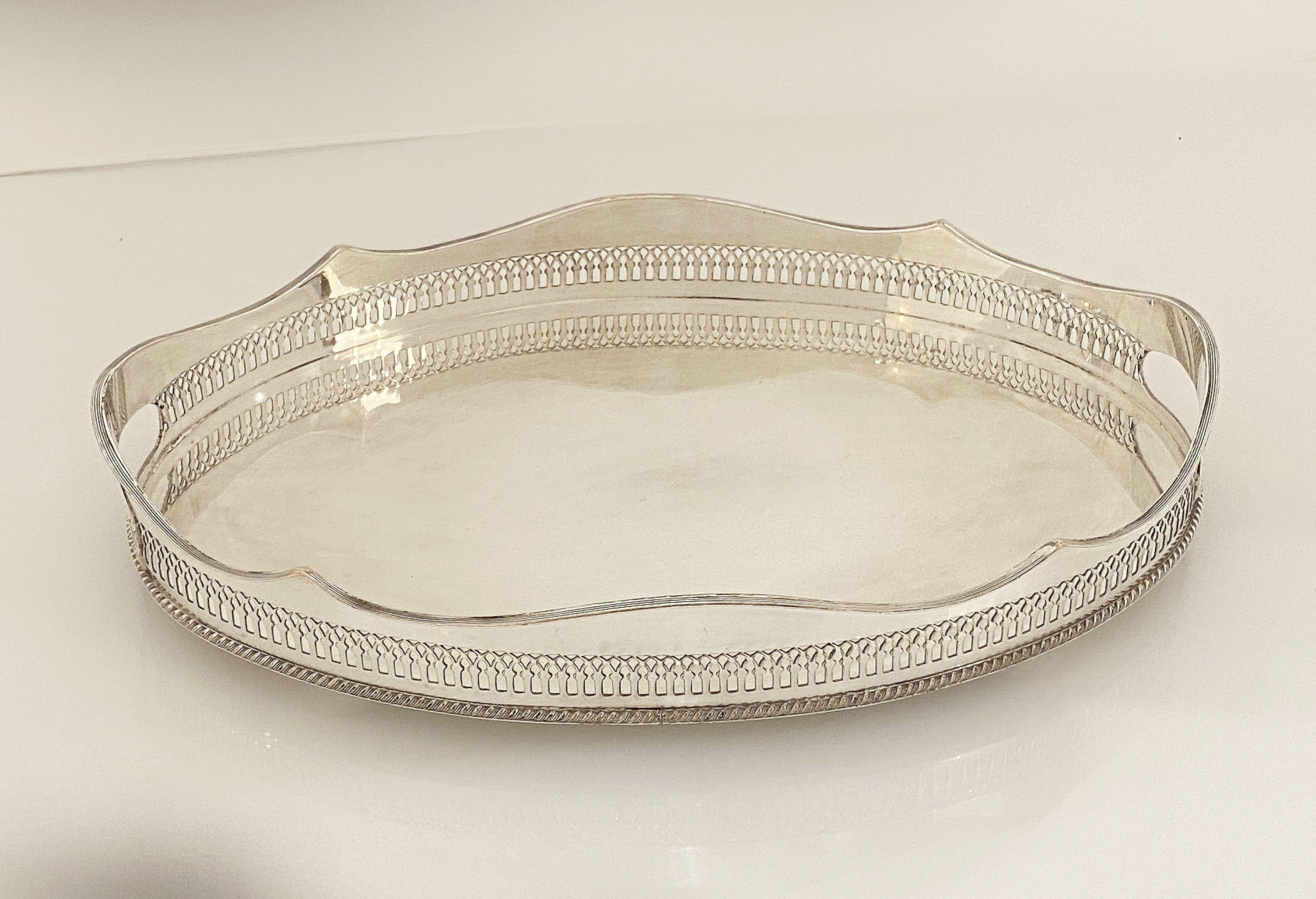 English Silver Oval Gallery Serving or Drinks Tray For Sale 5