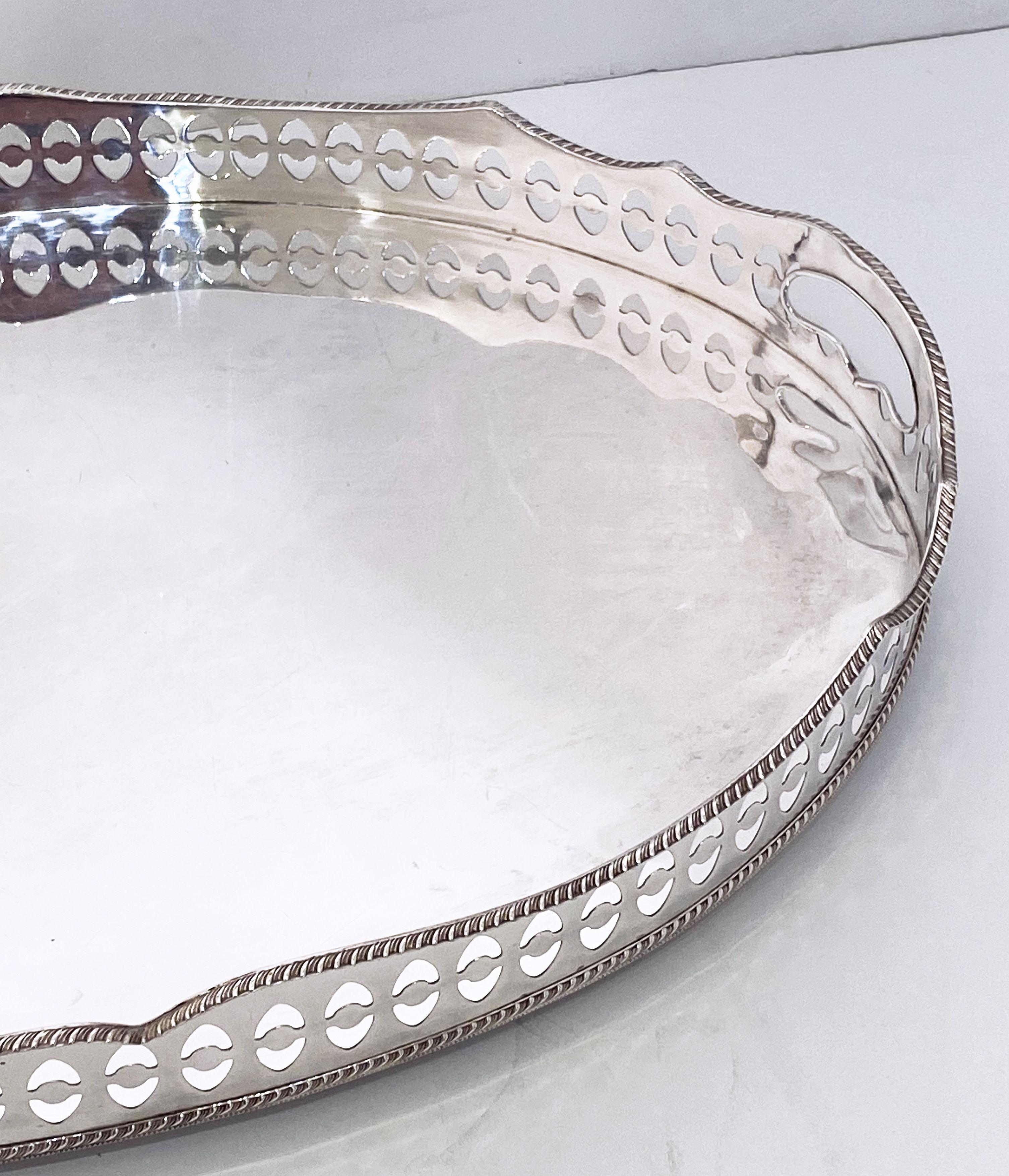 20th Century English Silver Oval Gallery Serving or Drinks Tray