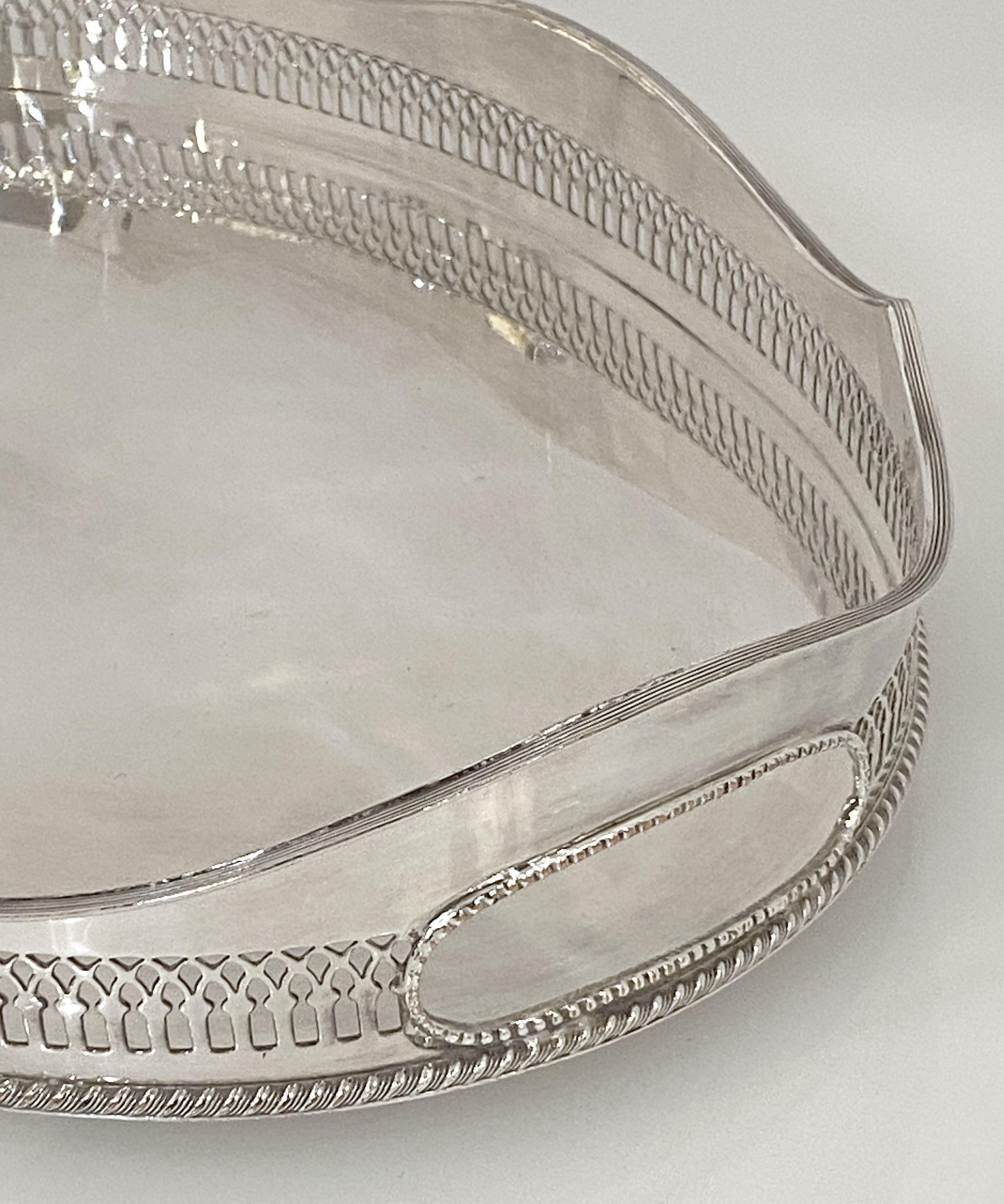 Metal English Silver Oval Gallery Serving or Drinks Tray For Sale
