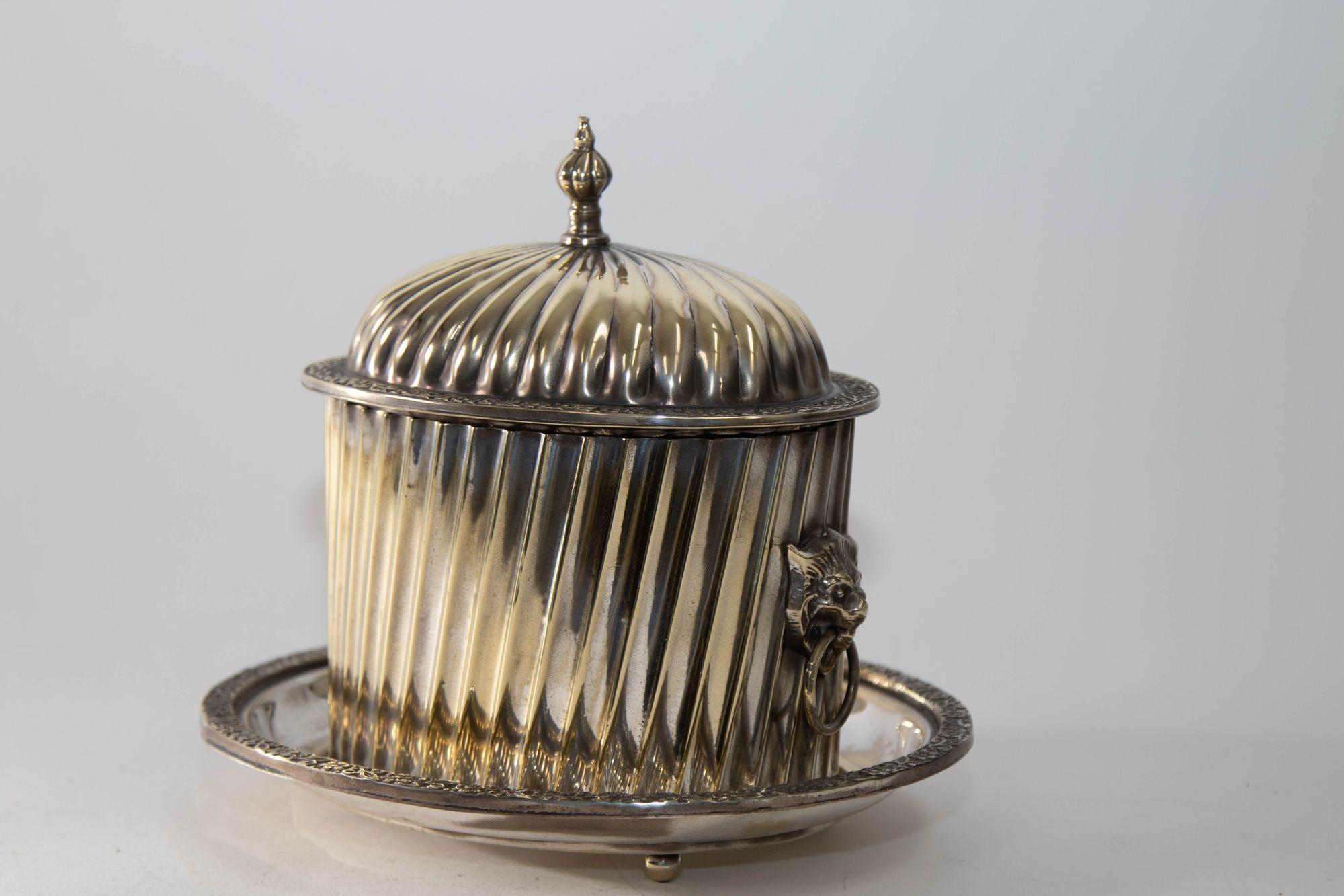 Victorian English Silver Plate Biscuit Box with Footed Plate and Lion Head Handles