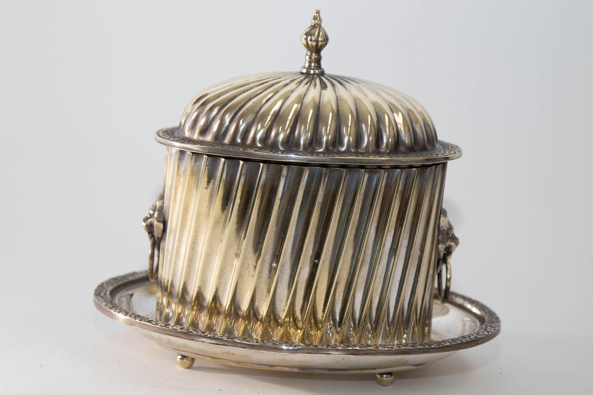 British English Silver Plate Biscuit Box with Footed Plate and Lion Head Handles