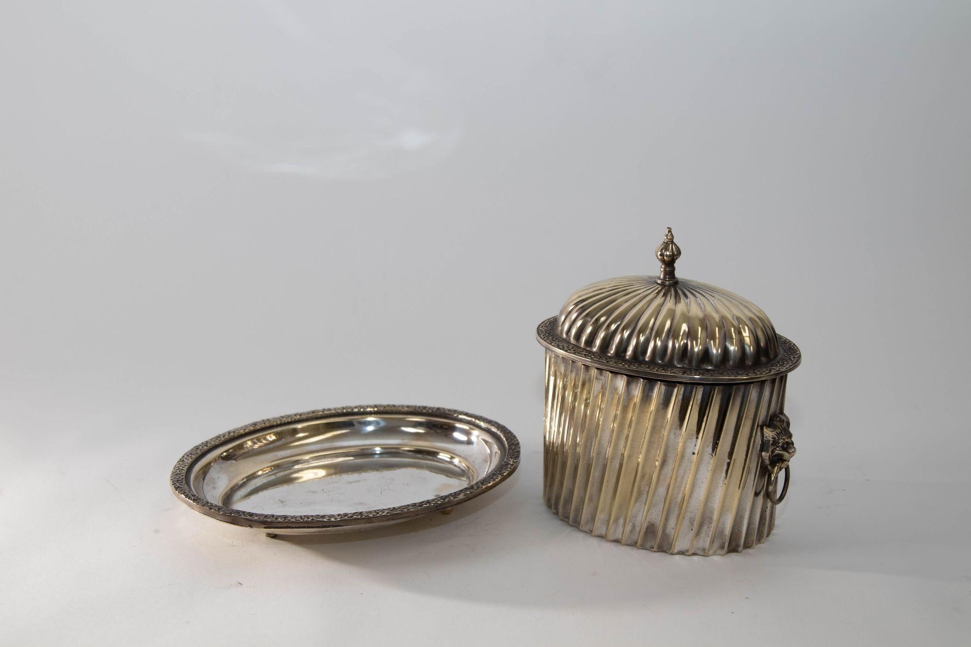 English Silver Plate Biscuit Box with Footed Plate and Lion Head Handles 2