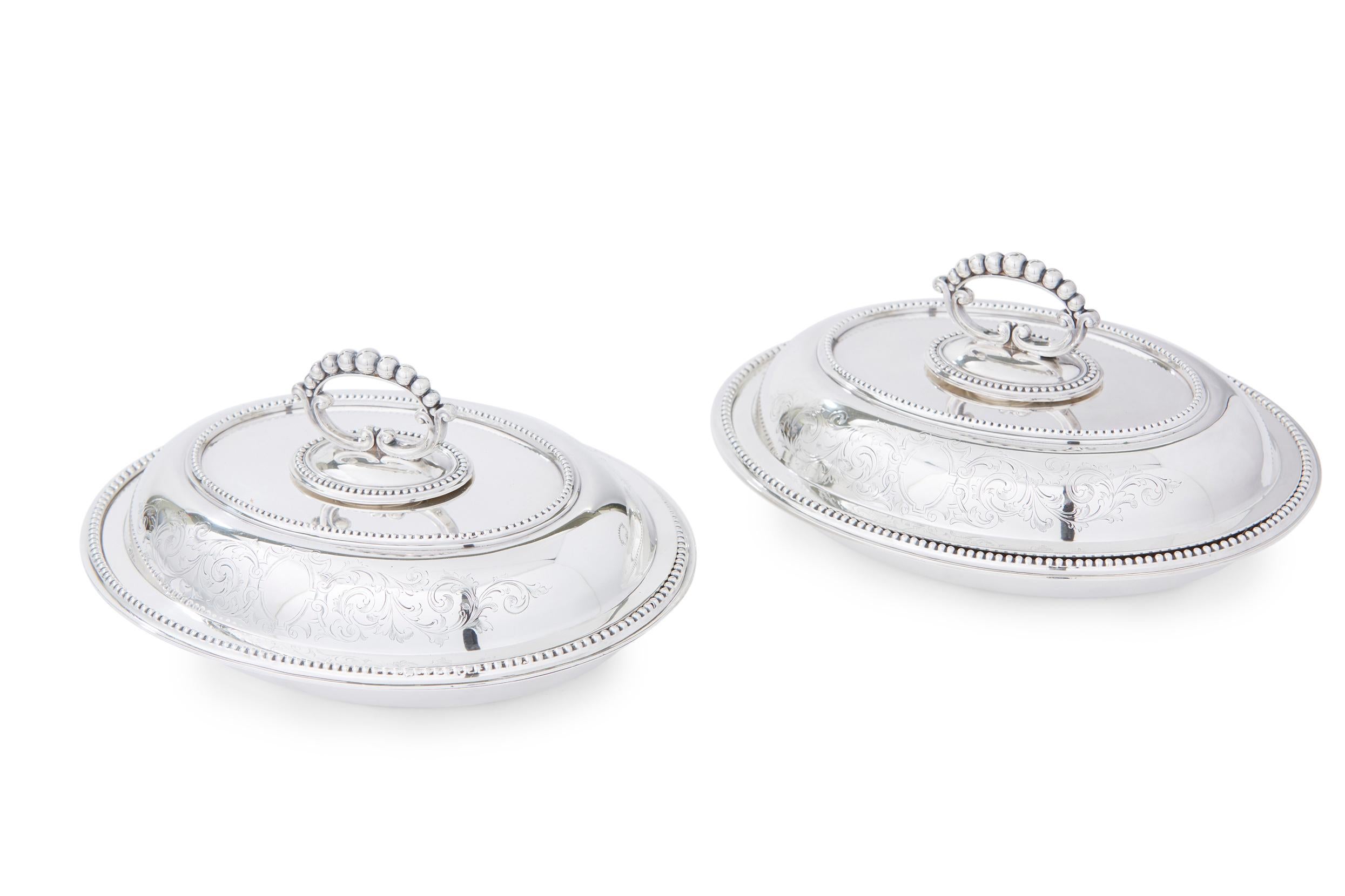 Hand-Carved English Silver Plate Covered Pair Entree Dishes For Sale