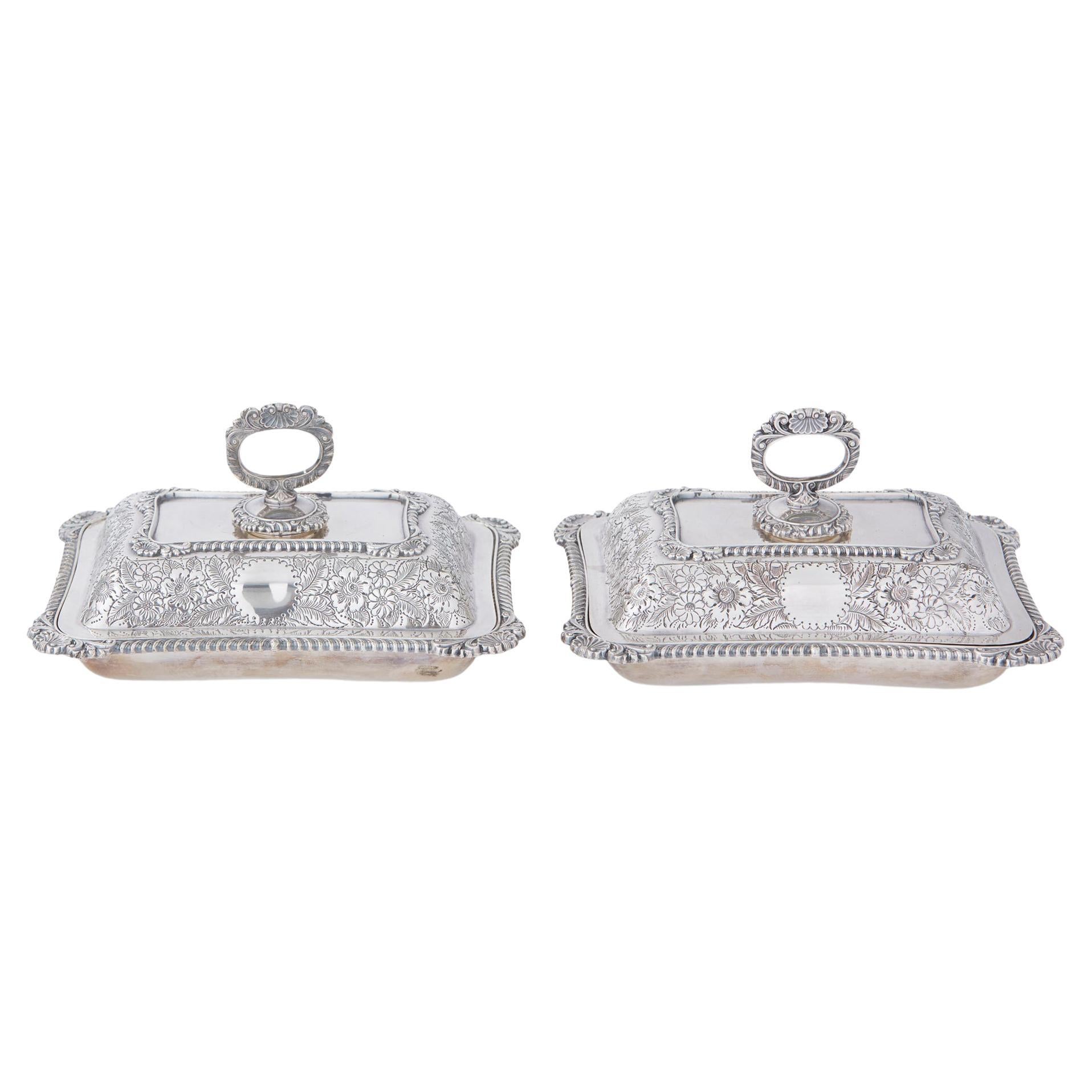 English Silver Plate Covered Pair Entree Dishes 