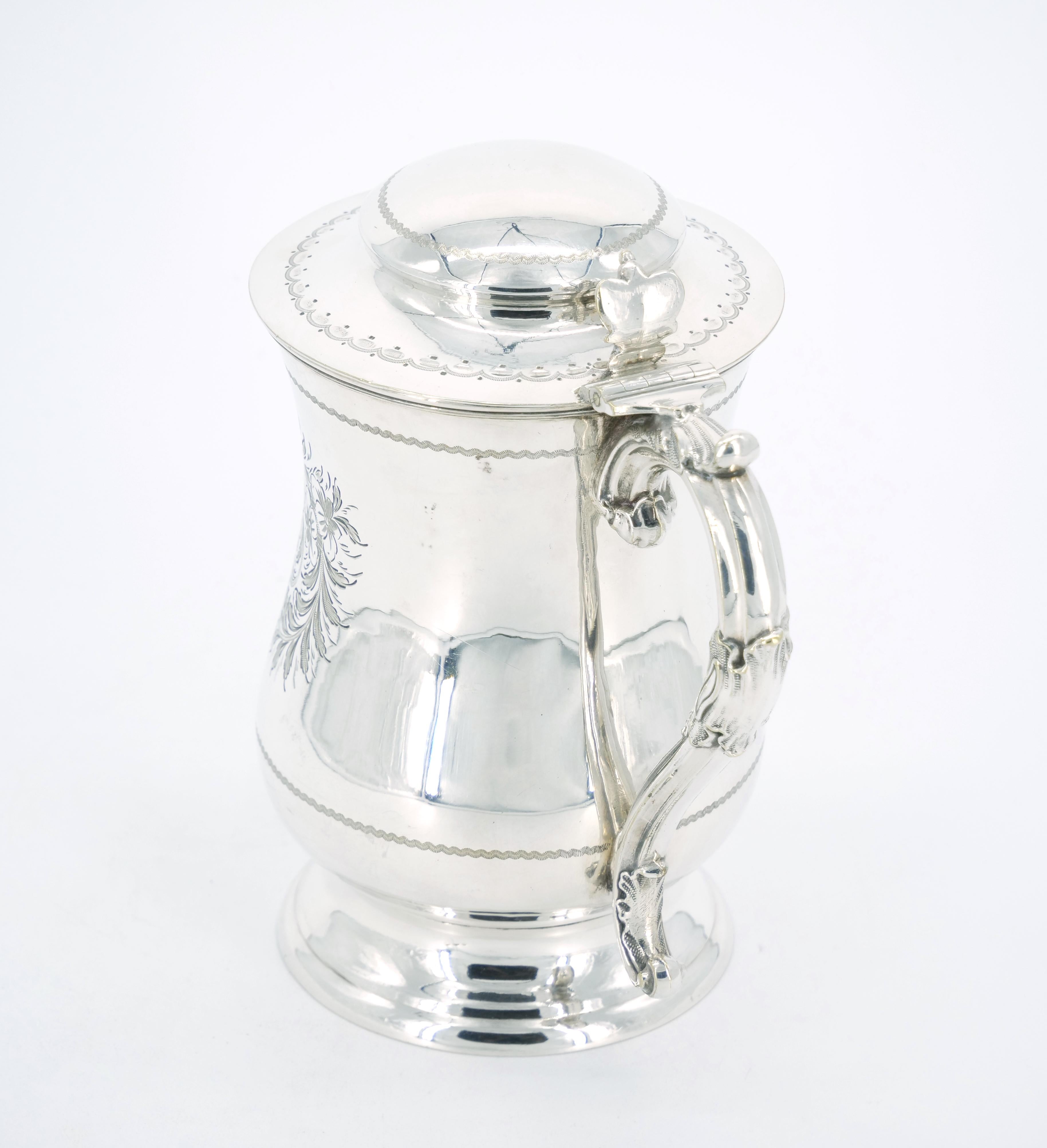 Gold English Silver Plate Engraved Exterior Queen Anne Tankard For Sale