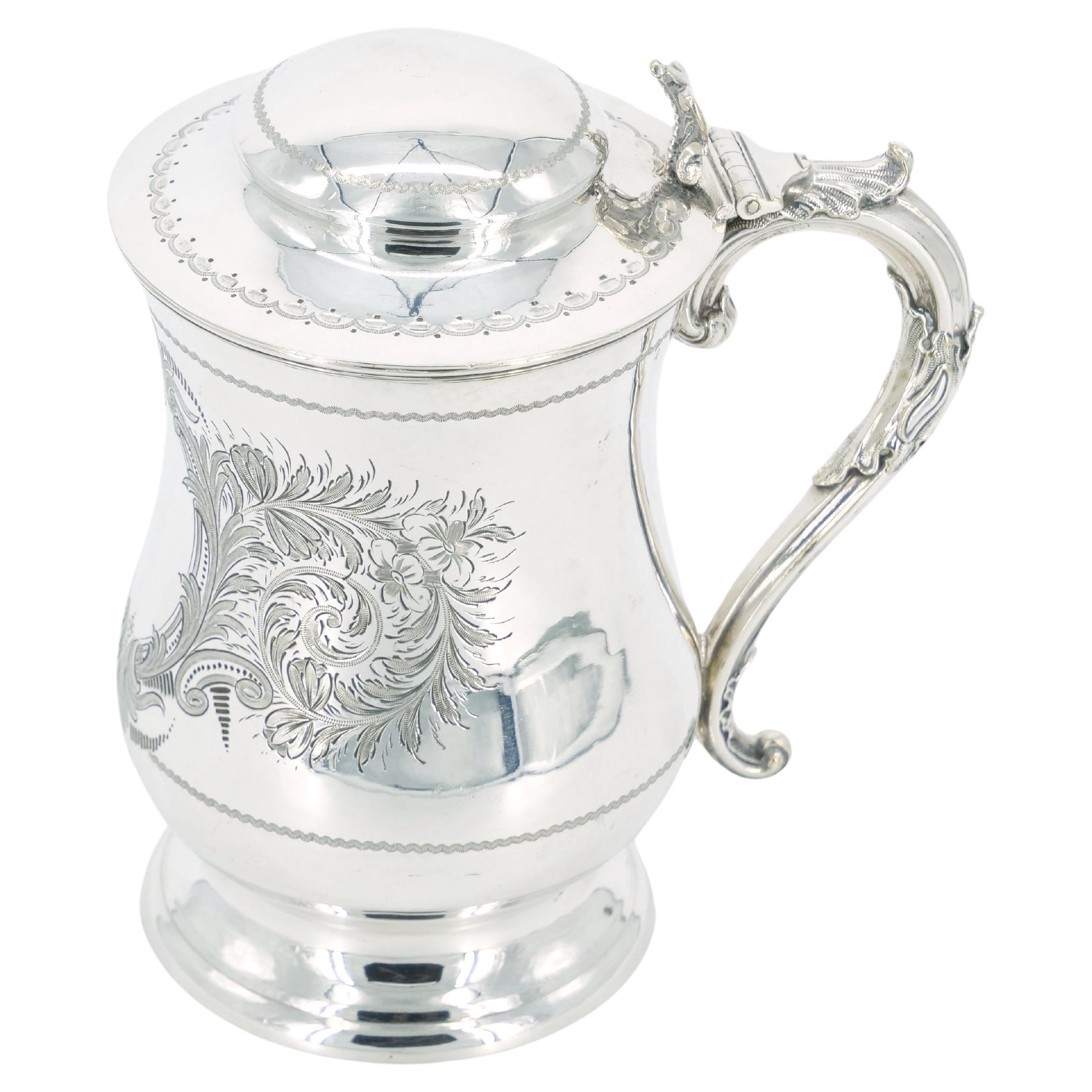 English Silver Plate Engraved Exterior Queen Anne Tankard