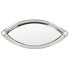 Plateau ou insert de miroir ovale sur pied en métal argenté anglais