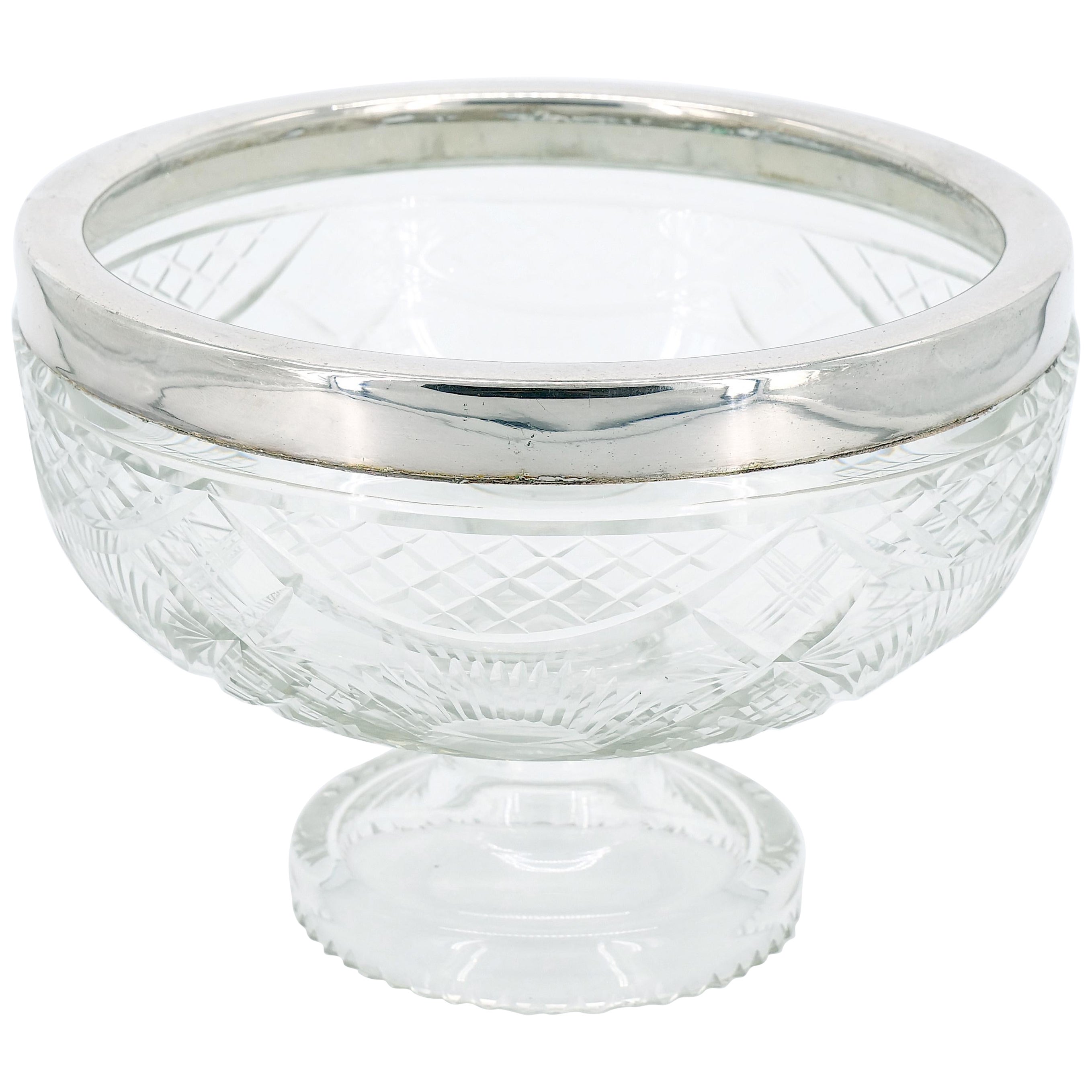 Bol de service anglais avec cadre en métal argenté / verre taillé sur pied