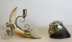 English Silver Plate Mid Horse Hoof Inkwell and a Silvered Metal Mtd.Tusk Candle