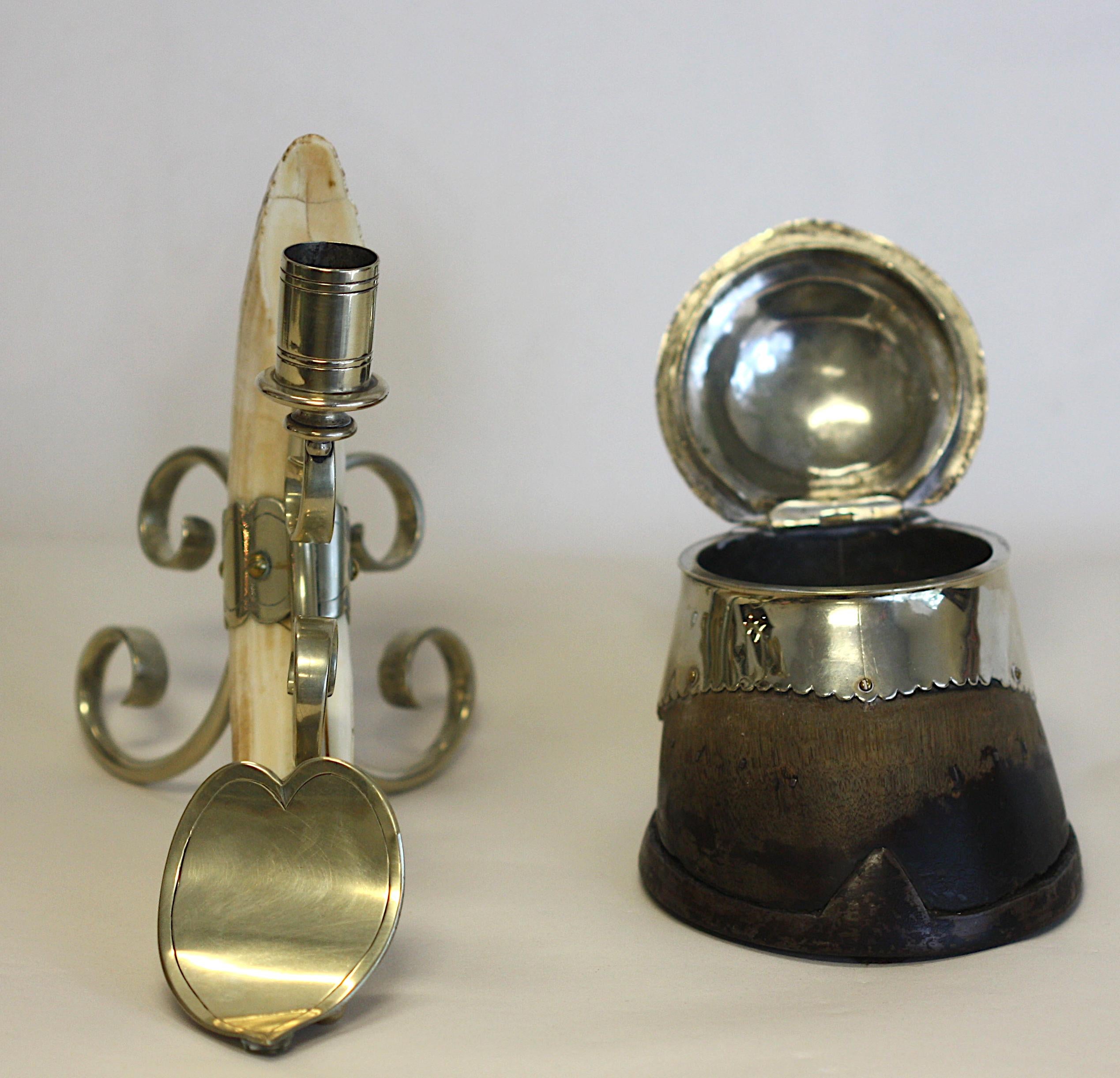 English Silver Plate Mid Horse Hoof Inkwell and a Silvered Metal Mtd.Tusk Candle In Good Condition For Sale In West Palm Beach, FL